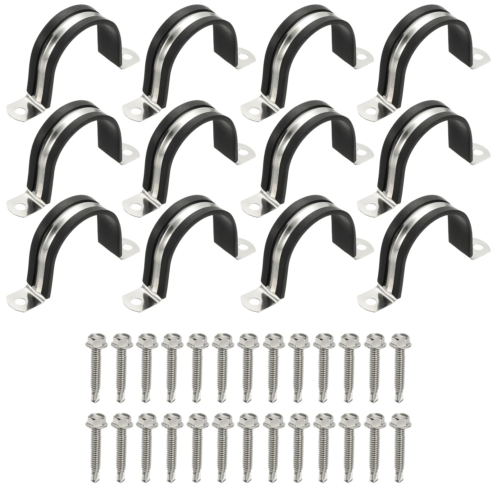 PATIKIL 12Pcs Pipe Clamps, 2-7/8 Inch 304 Stainless Steel Rubber Cushioned U Bracket Conduit Clamps Pipe Strap Wire Clips with Hexagonal Screw for Tube Hose Cord Installation, 48mm