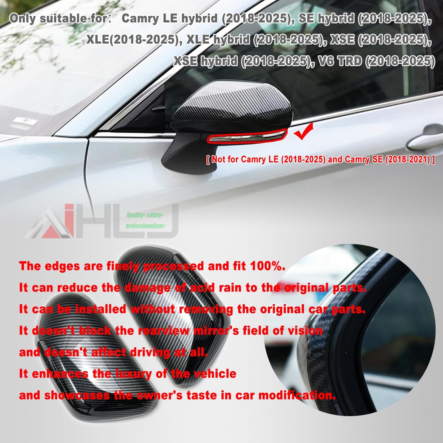 AJHLJ® 2Pcs Carbon Fiber Pattern Rearview Mirror Cover Trim, Fit Toyota Camry 2018-2025, Car Side Mirror Modification Decoration, Scratch-Resistant (Carbon fiber black)