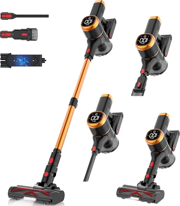 Tikom V500 Aspiradora Inalámbrica para Hogar, 40000Pa/450W Aspiradora de Palo con Pantalla Táctil LED, Base de Carga de Pared, Anti-Enredos, Aspiradora de Mano Ligera para Pelo de Mascotas, Piso Duro, Alfombra