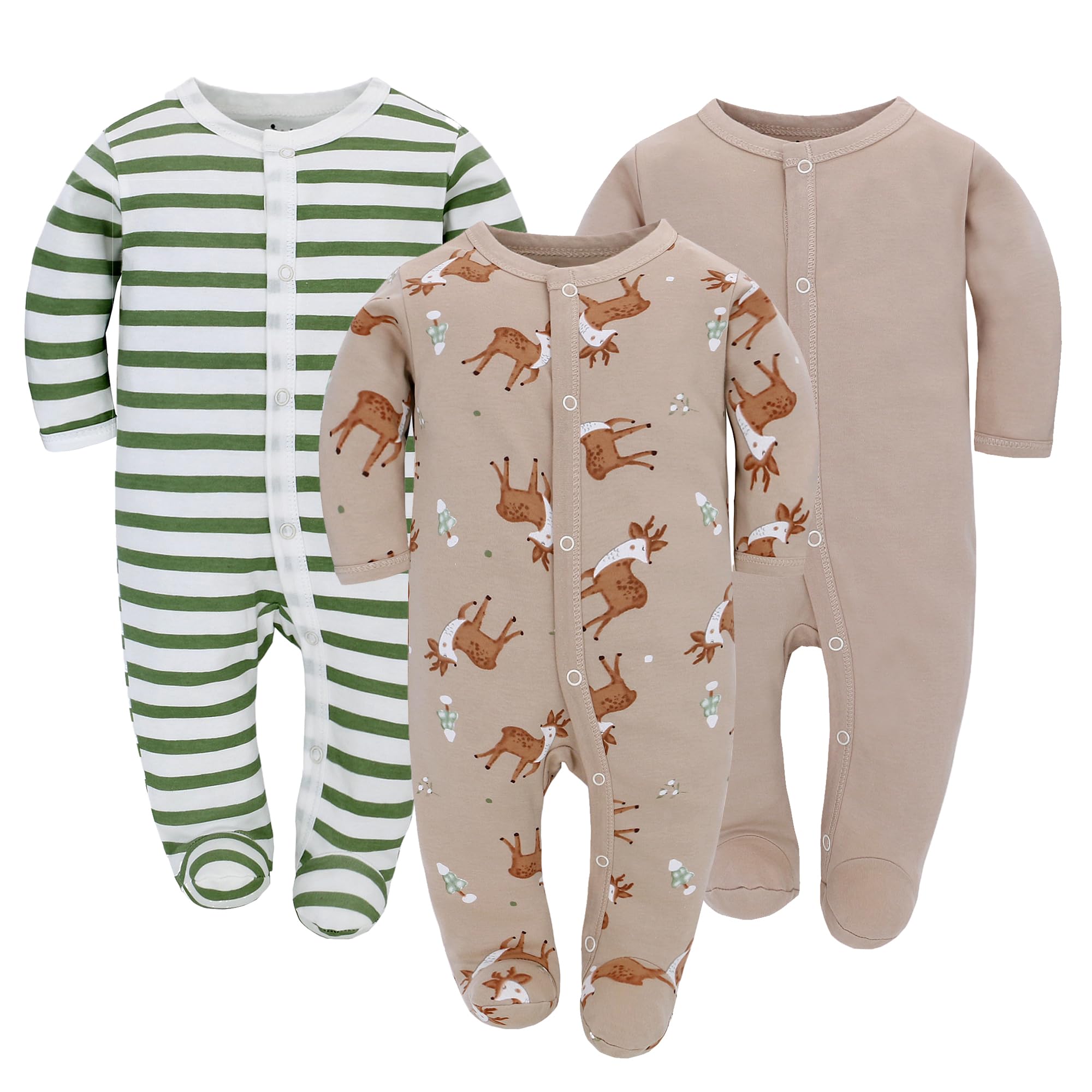 3PCS Baby Schlafstrampler Babychlafanzug Babyschlafsack Baumwolle mit Füßen mit knöpfen Gr. 56 62 68 für Junge Mädchen Neugborenen