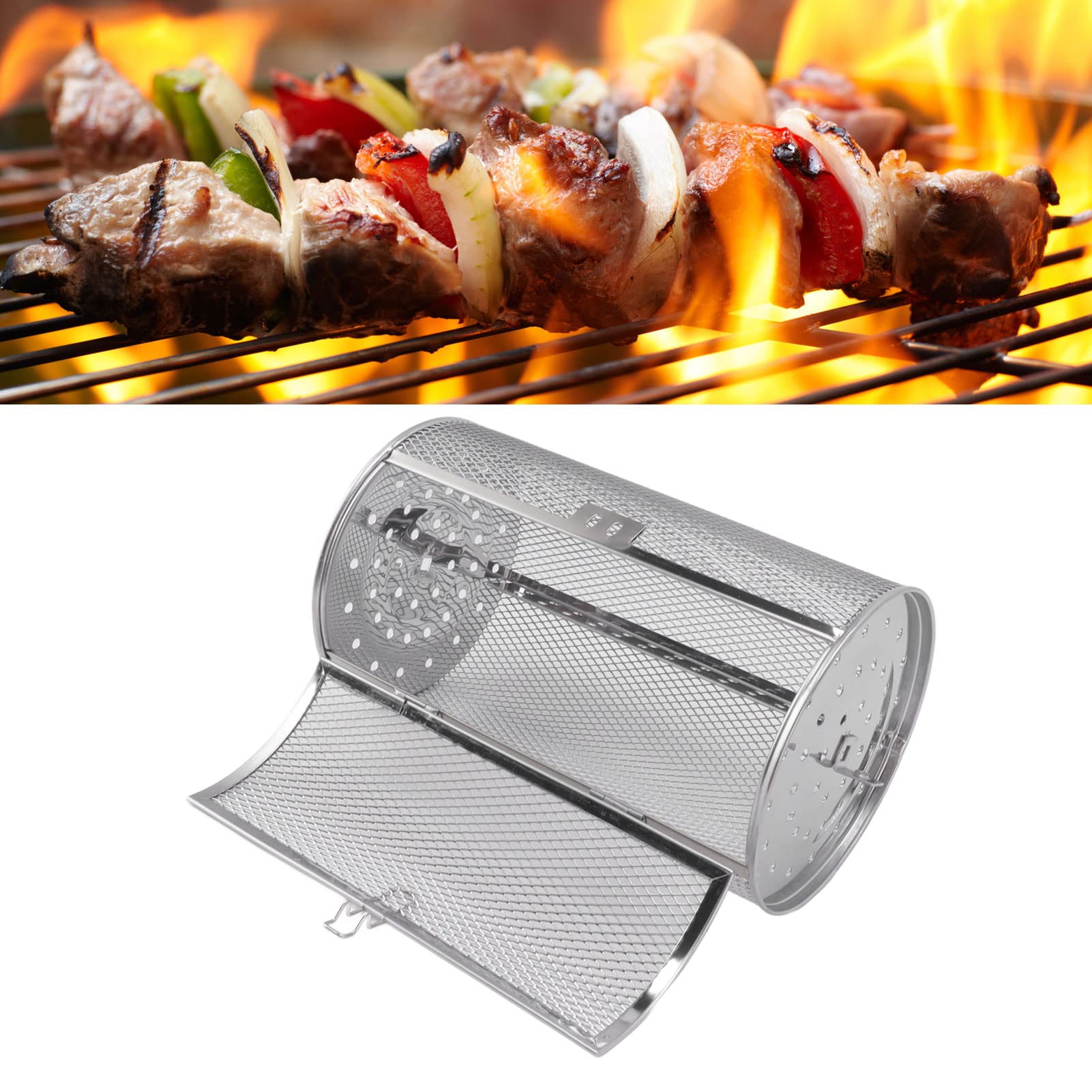 Haofy Rotolamento Cestello per Grigliare Gabbia per Griglia in Acciaio Inossidabile Griglia per Barbecue Rotonda per Griglia All'aperto, per Pesce, Gamberi, Carne, Verdure, Patatine (C)