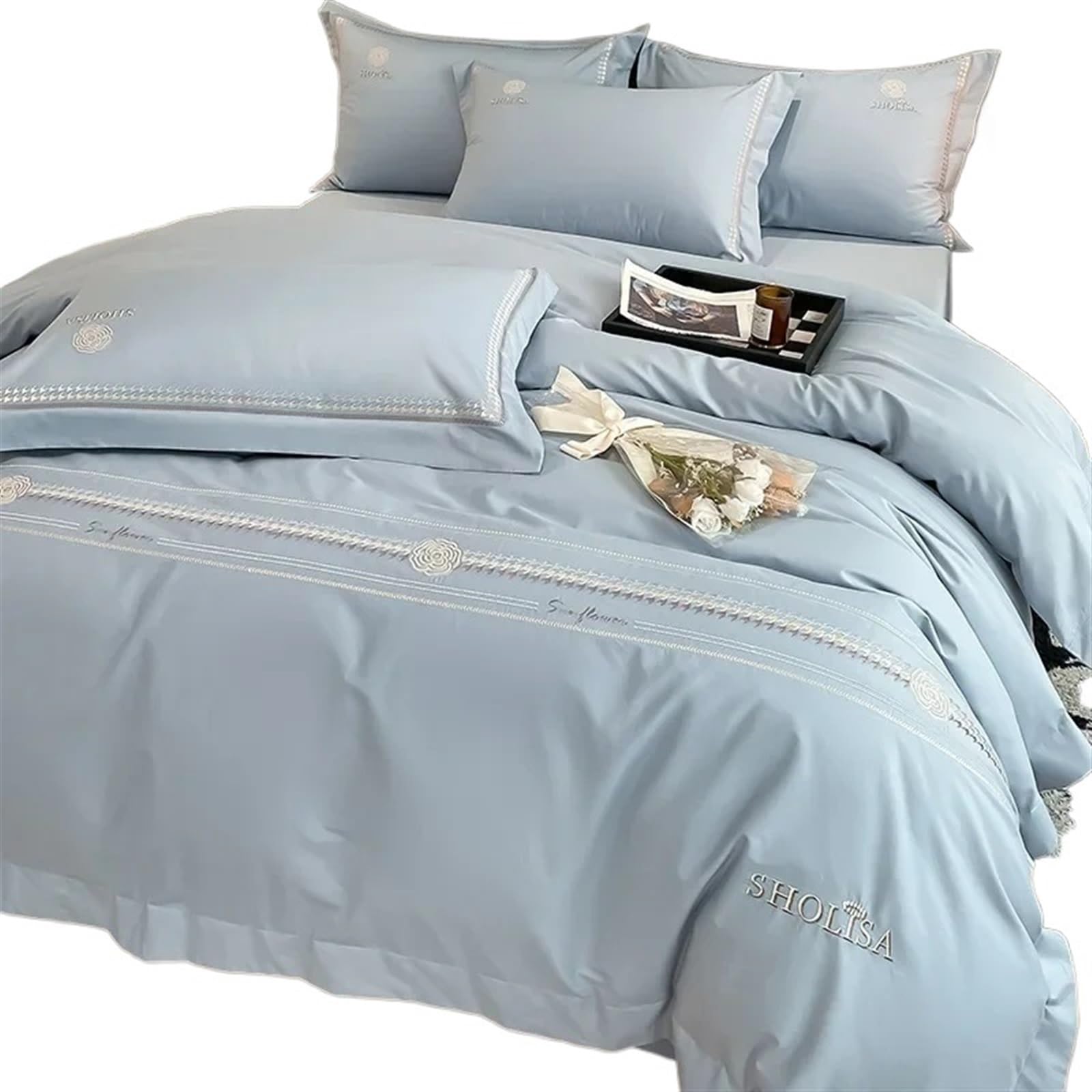 Housse de couette 150cm coton pur bleu ensemble de lit brodé 4 pièces