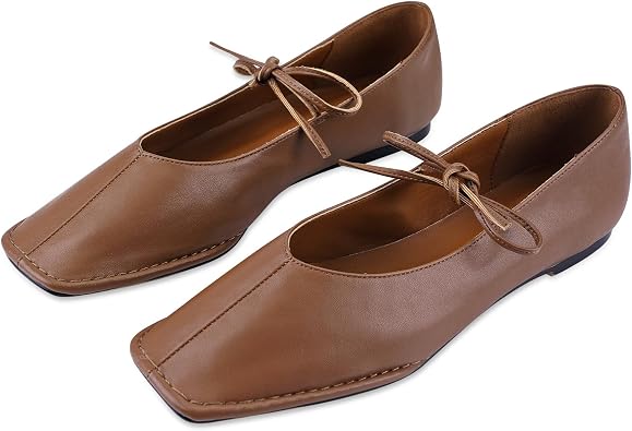 VBDB Black Ballet Flats for Women Square Toe Lace up Wide Width Mary Jane Flats Casual Slip on Ballerina Shoes