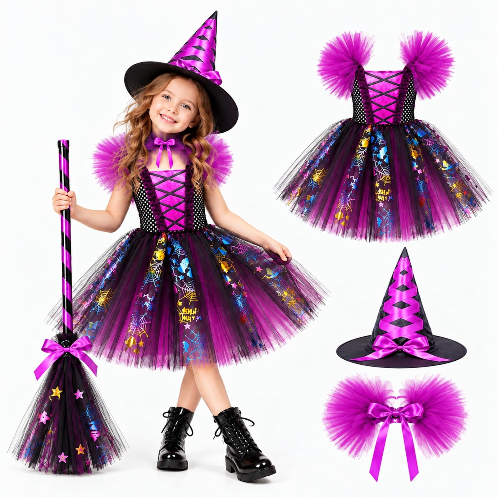 Witch Costume Kids Halloween For Girls Set Dresses With Wizard Hat Ollar And Broom Wand Carnival Outfits Wizard Outfit For Dress Up Party Role Playing Cosplay Perfect For Halloween