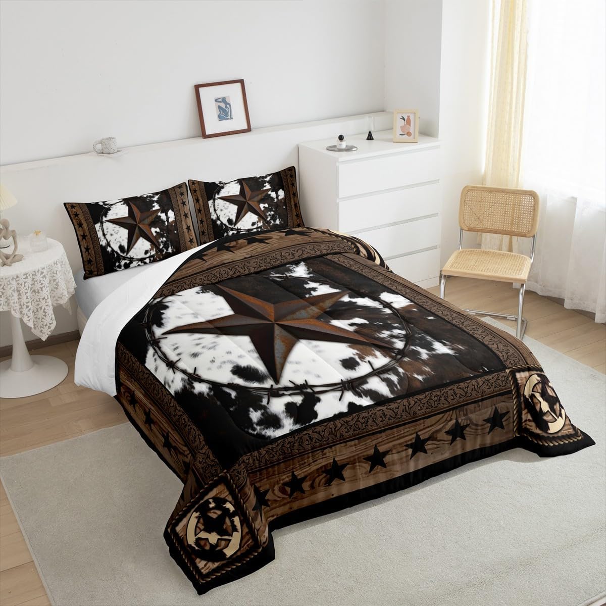 Homewish Abstract Cow Fur Print Kids Comforter Set Full Size,Boys Girls Adults Xmas Decor,Western Stars Wooden Board Down Comforter,Rustic Farmhouse Bedding Set,Brown Retro Duvet Insert,2 Pillowcases
