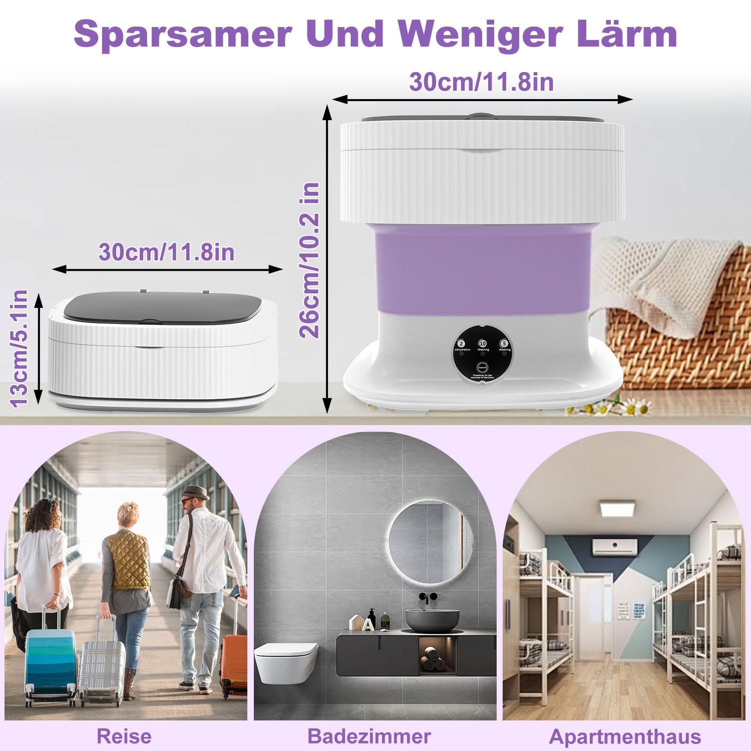 Camping Waschmaschine, 13L 2kg 2 in 1 Mini Waschmaschine mit Schleuder Tiefenreinigung von Babykleidung und Unterwäsche, Portable Wasch-maschine für Schlafsäle, Wohnmobil, Wohnungen, Reisewäsche, Lila