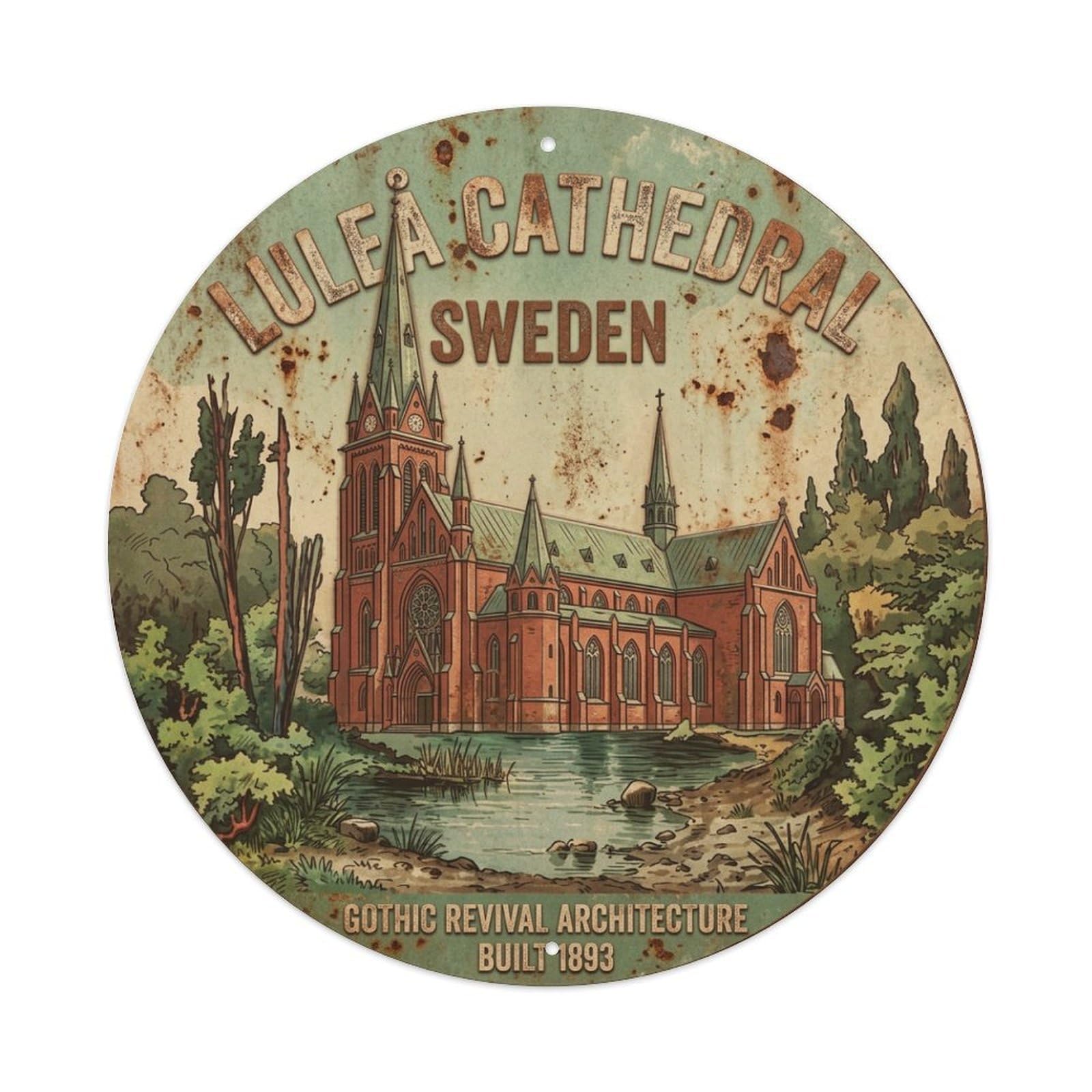 Vintage Travel Lulea Sweden Cathedral Metal Tin Sign
