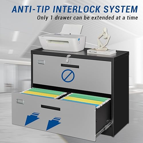 Miniatura 3 de Archivador lateral de 2 cajones con cerradura, gabinetes de archivo de acero metálico para oficina en casa, gabinete de almacenamiento con cerradura