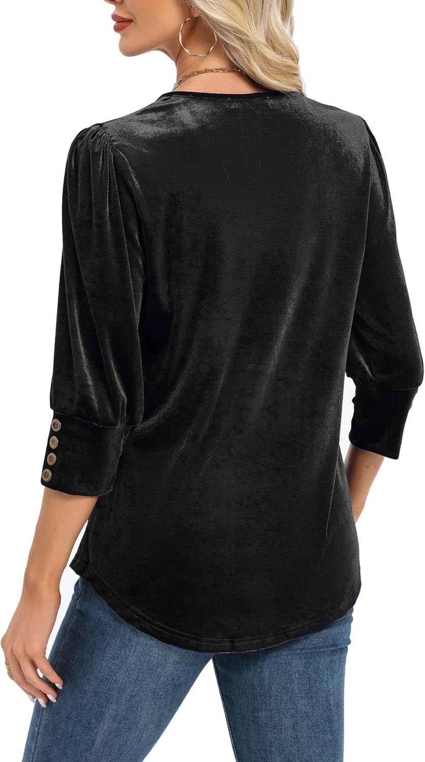 Womens Velvet Tops Trendy Dressy Casual 3/4 Length Sleeve Round Neck Elegant Blouses - Image 5