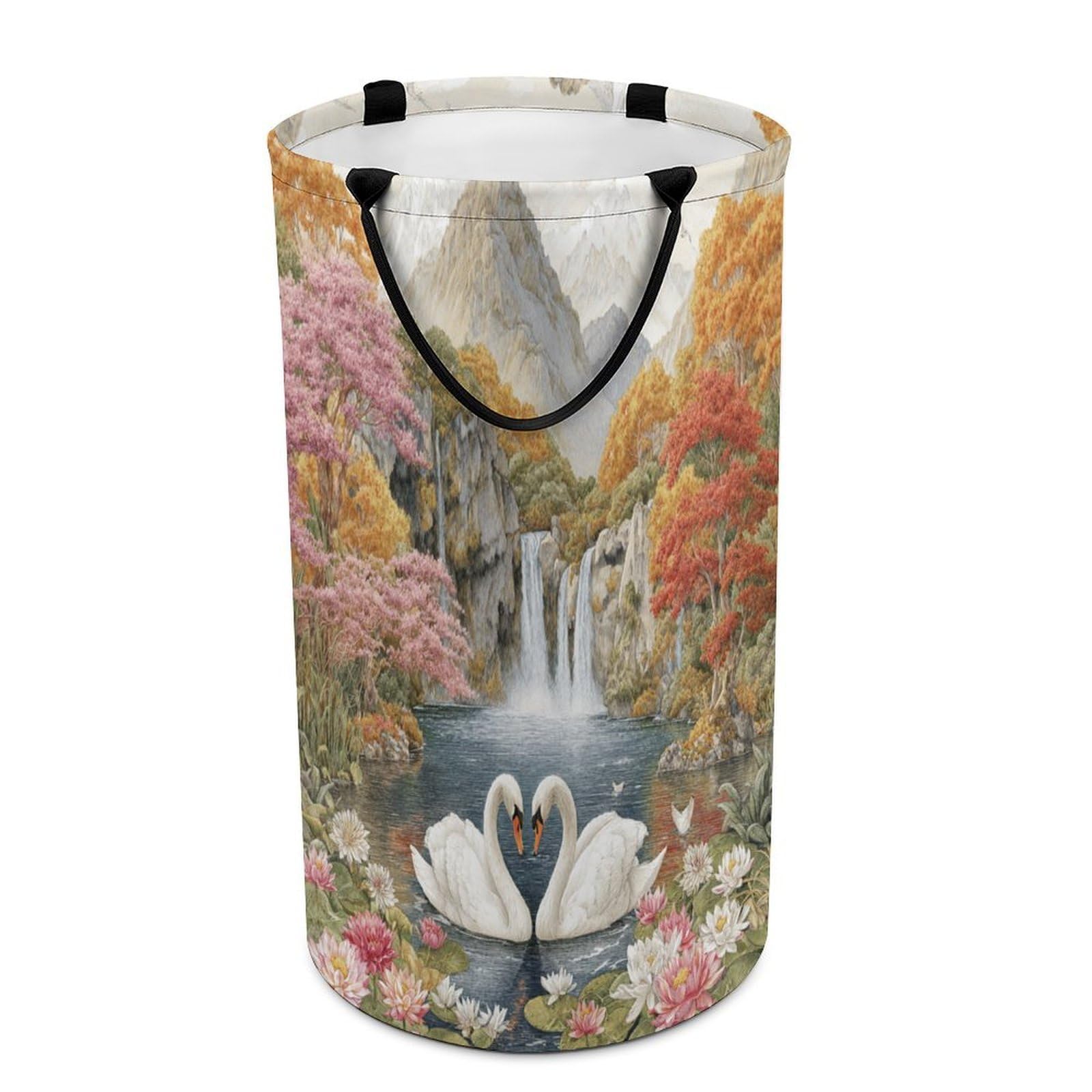 LUYYSKY Fantasy Rustic Swans Couple Versatile Storage Laundry Basket, Modern Elegant Waterfall Plants Lotus Flowers Animals Swans Large Capacity Bathroom Hamper With Handle