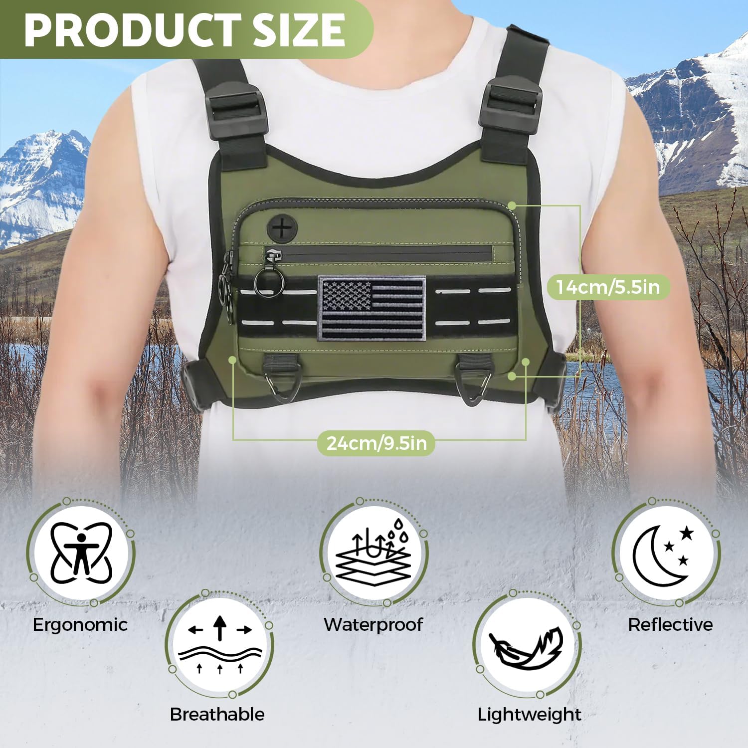 Sports Chest Bag For Men Women, Water Resistant Lightweight Front Chest Pack, Running Vest Bag With Built-In Phone Holder & Extra Storage For Workouts, Running, Cycling (Olive) - Image 2