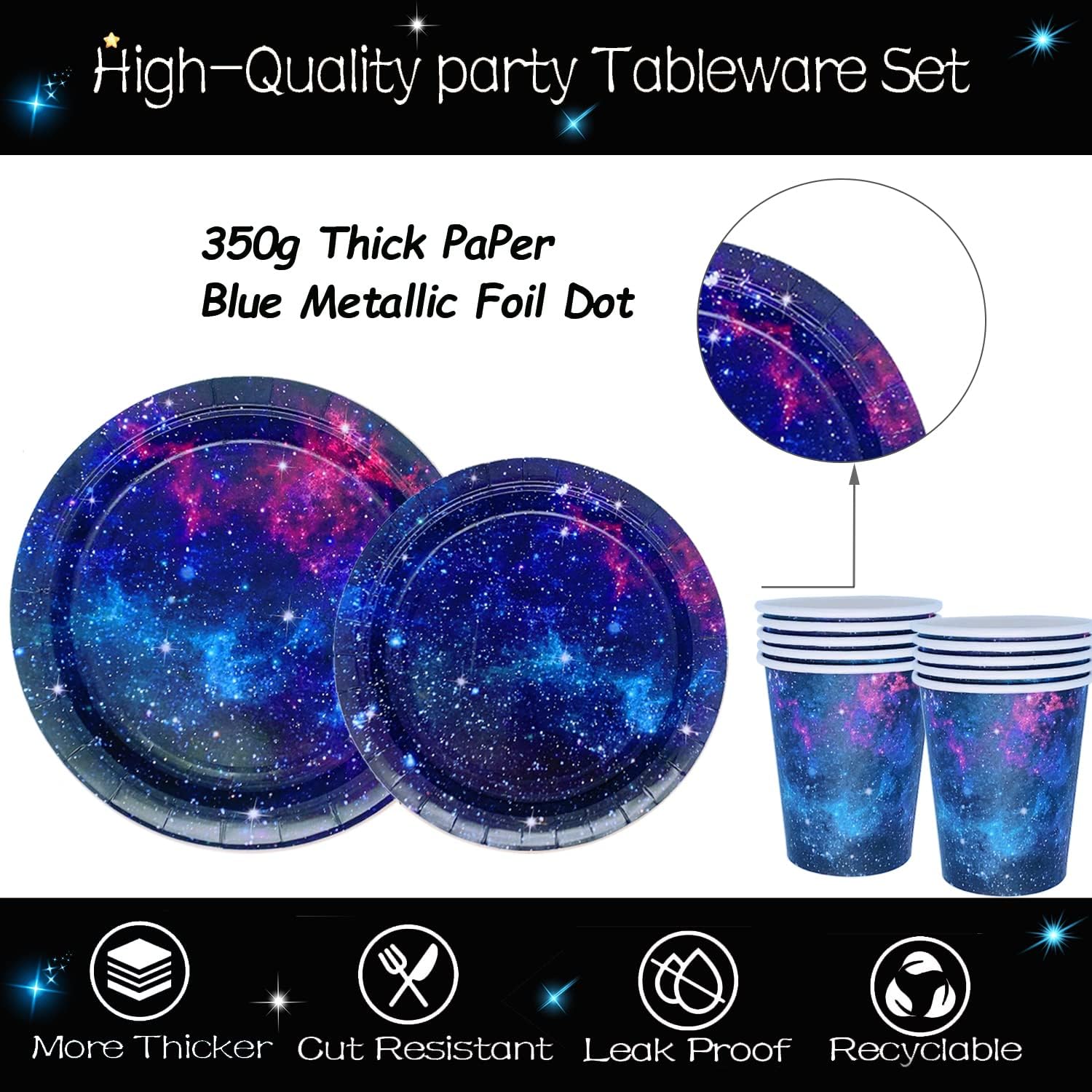 Space Galaxy Party Supplies Tableware Set Outer Space Theme Birthday Party Decoration Starry Night Solar System Planet Plates Napkins Forks Cups for 24 Guests - Image 3