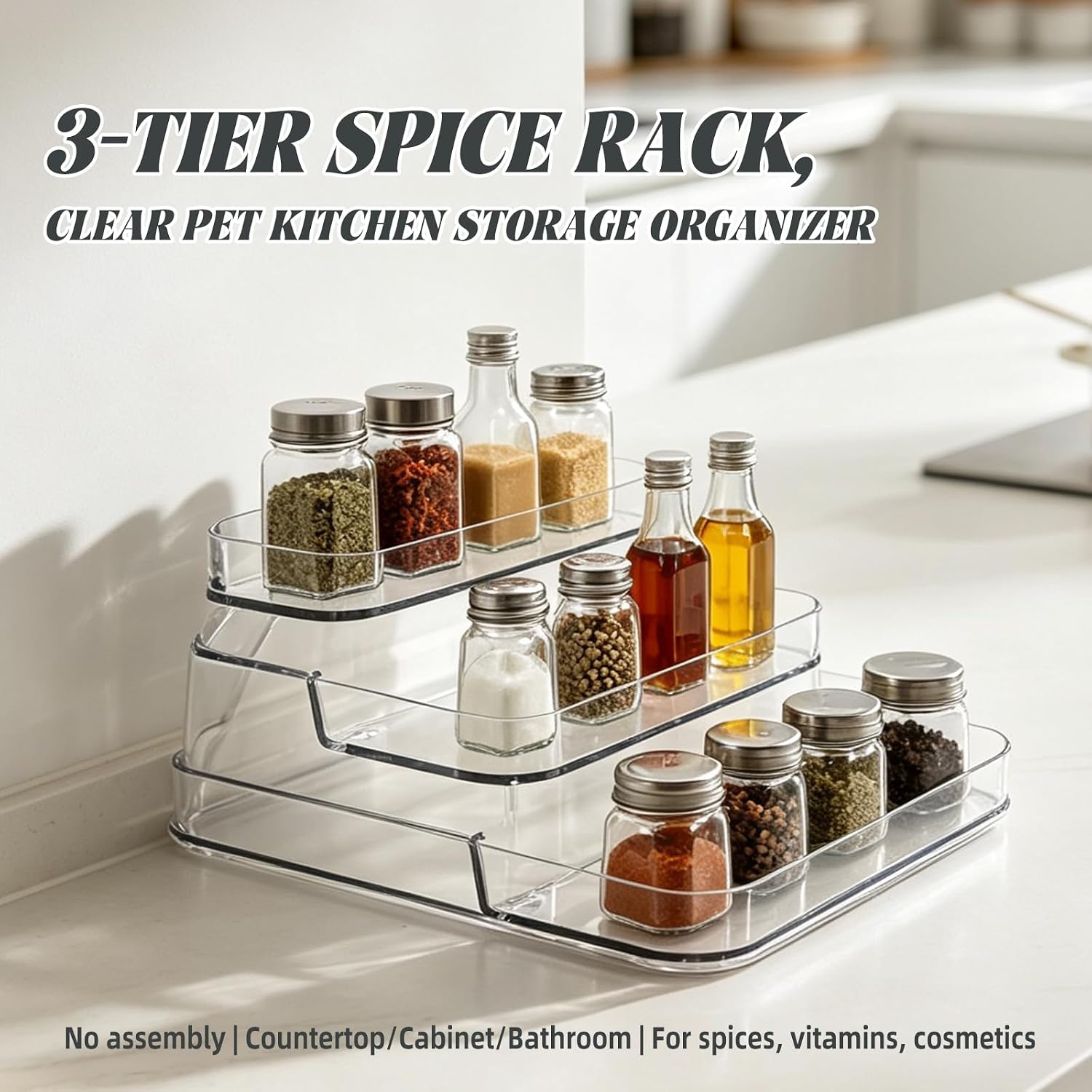 3-Tier Spice Rack Organizer, Clear PET Shelf for Cabinet & Pantry