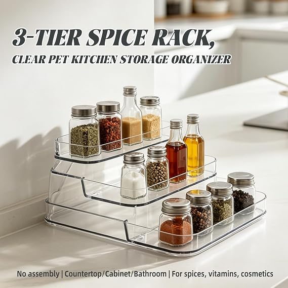 3-Tier Spice Rack Organizer, Clear PET Shelf for Cabinet & Pantry