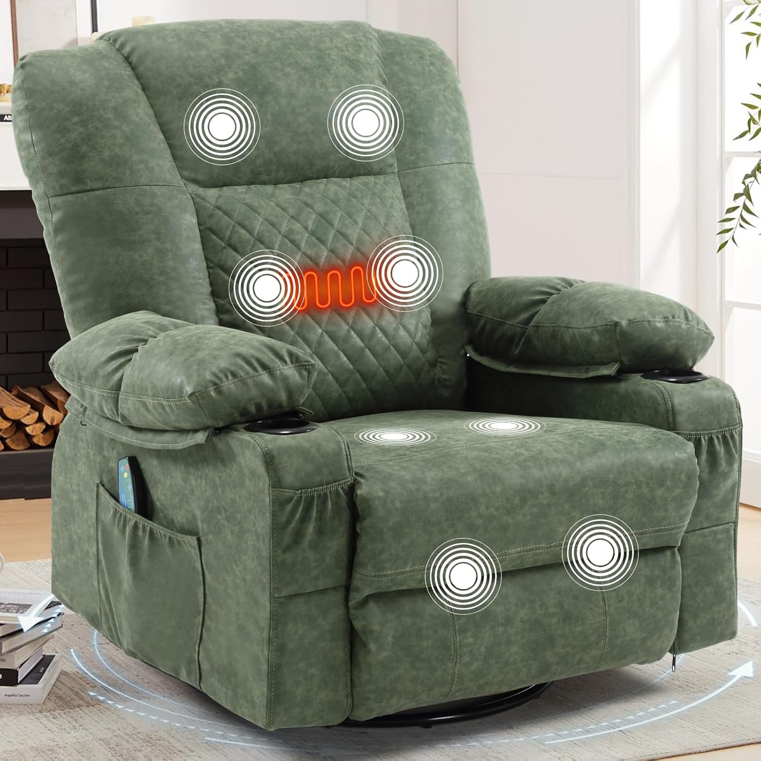 Rocking Recliner Chair with Heat and Massage, Overstuffed PU Leather Recliners for Living Room, Modern Single Rocking Chair for Adults, Manual Swivel Rocker Recliner with Cup Holders,Light Green