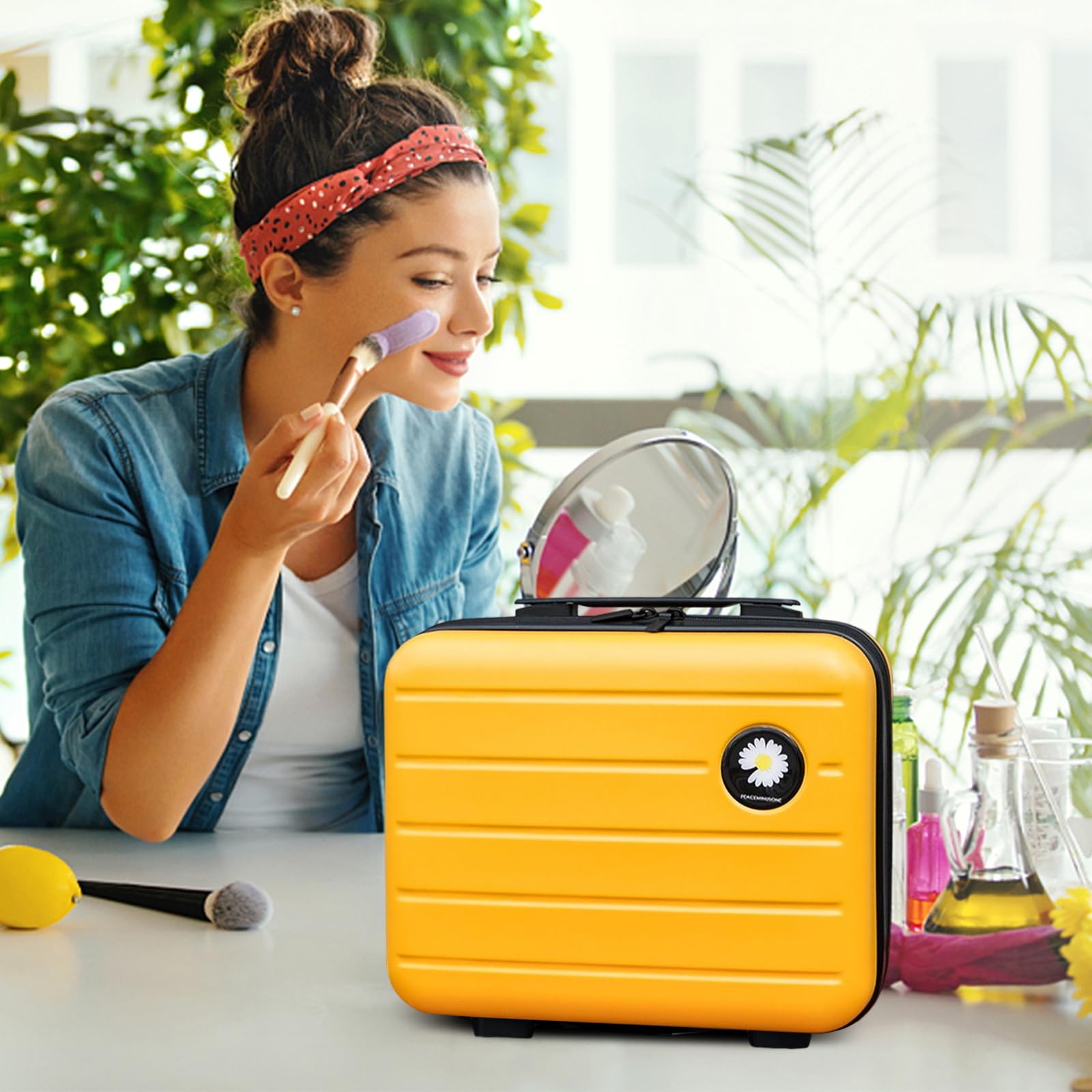 Balakaka Kosmetikkoffer 34x15x25 cm Kleine Daisy, Beautycase Damen Hartschale mit Handgriff und Reißverschluss, ABS Wasserdicht Große Kapazität Schminktasche für Reisen, Gelb