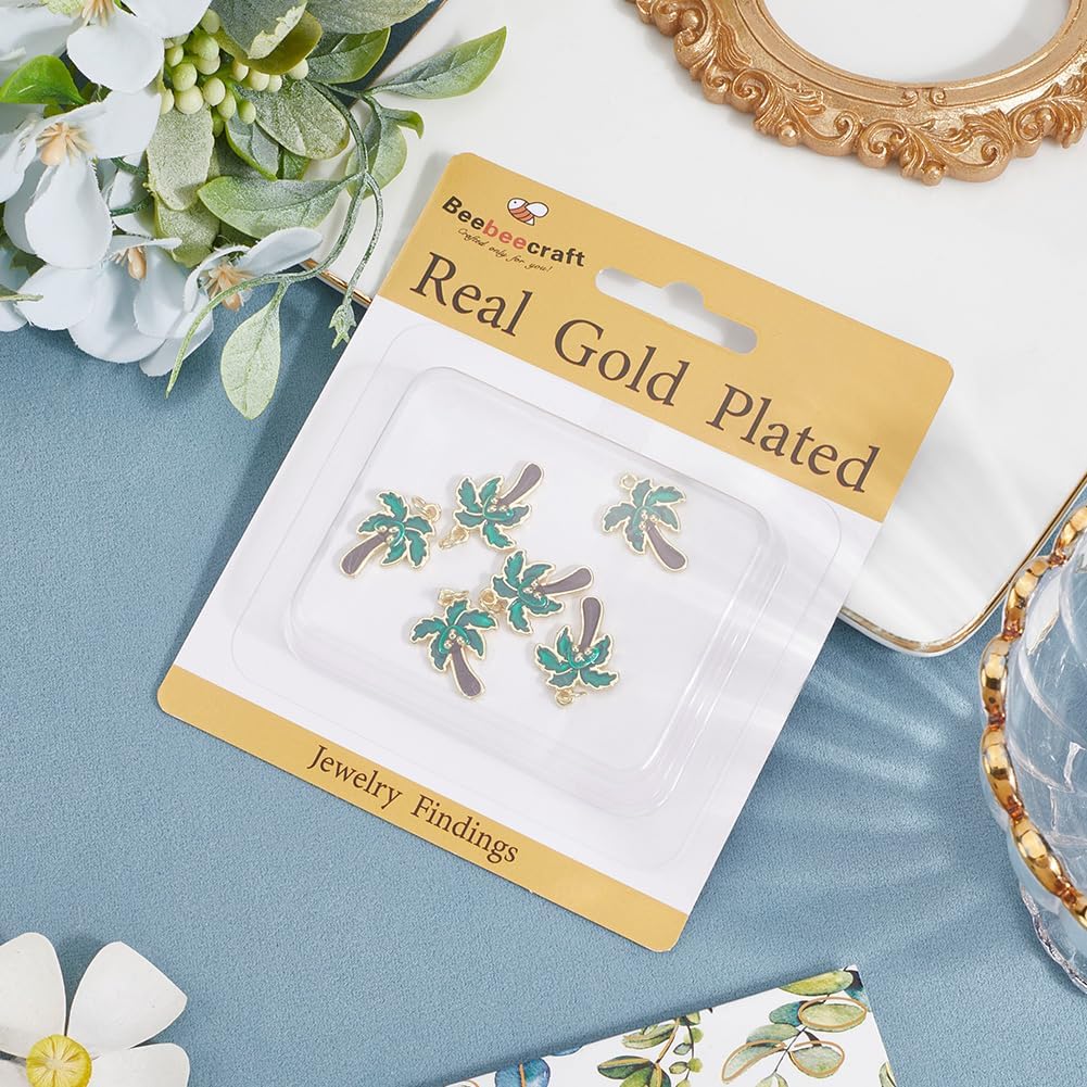 Beebeecraft 1 Box 8Pcs Coconut Tree Charms Enamel 18K Gold Plated Green Palm Tree Tropical Plant Summer Beach Charm for Jewelry Making Necklace DIY Crafts - Image 6