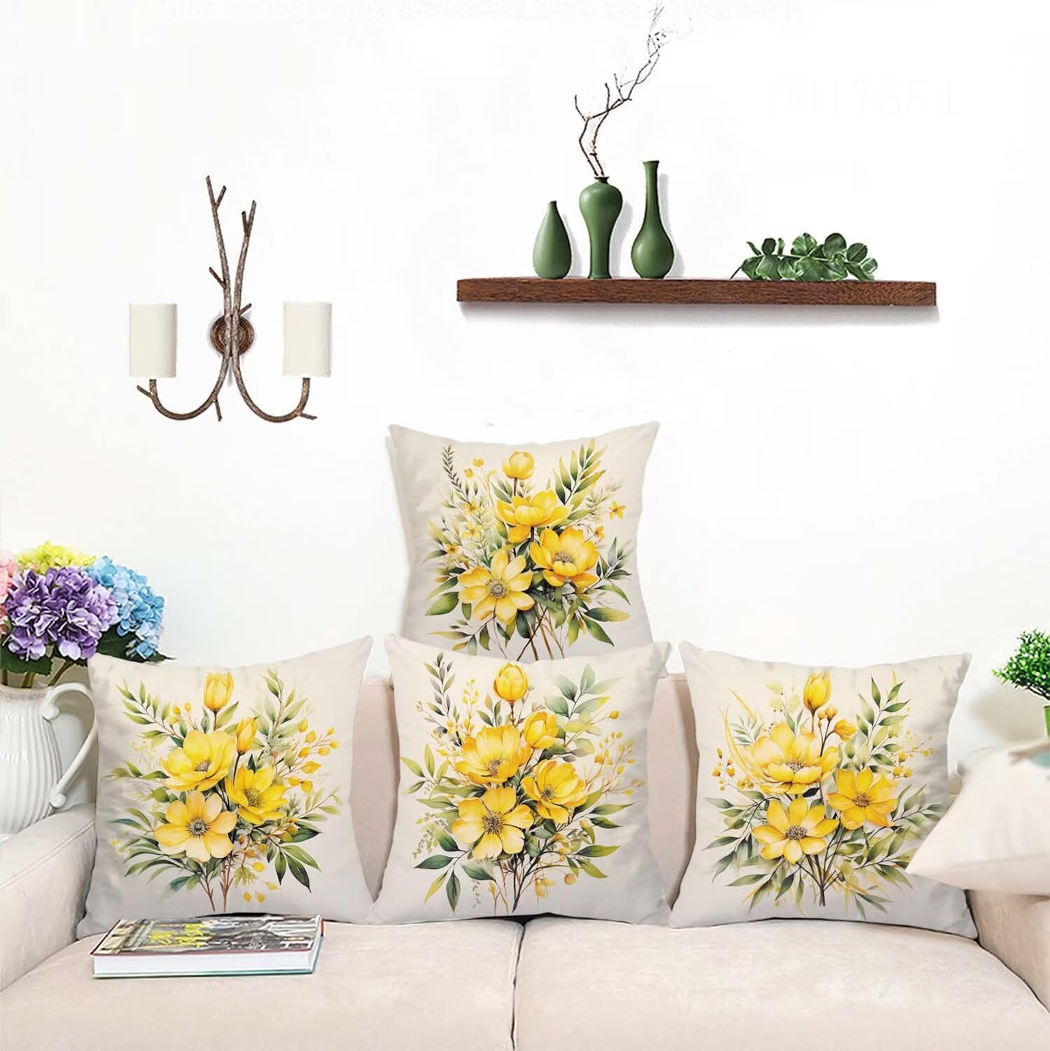 Fundas Cojines SuavesAmarillo Fundas Cojines Cuadradas Suaves Funda Almohada Cojines Suaves Sillas Jardin para Oficina Jardín Cama Sofá Banco Interior o Exterior Juego de 4 Funda Cojin Flor mu-429