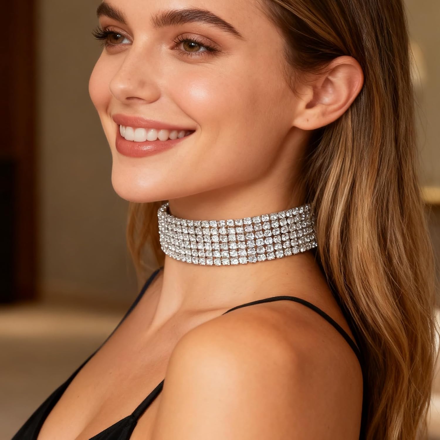 Silver Plated Rhinestone Tennis Necklace for Women, Rhinestone Choker Silver Sparkling Choker Necklace Sparkly Crystal Wide Chokers Adjustable Iced Out Jewelry Necklaces for Bridal Wedding - Image 7