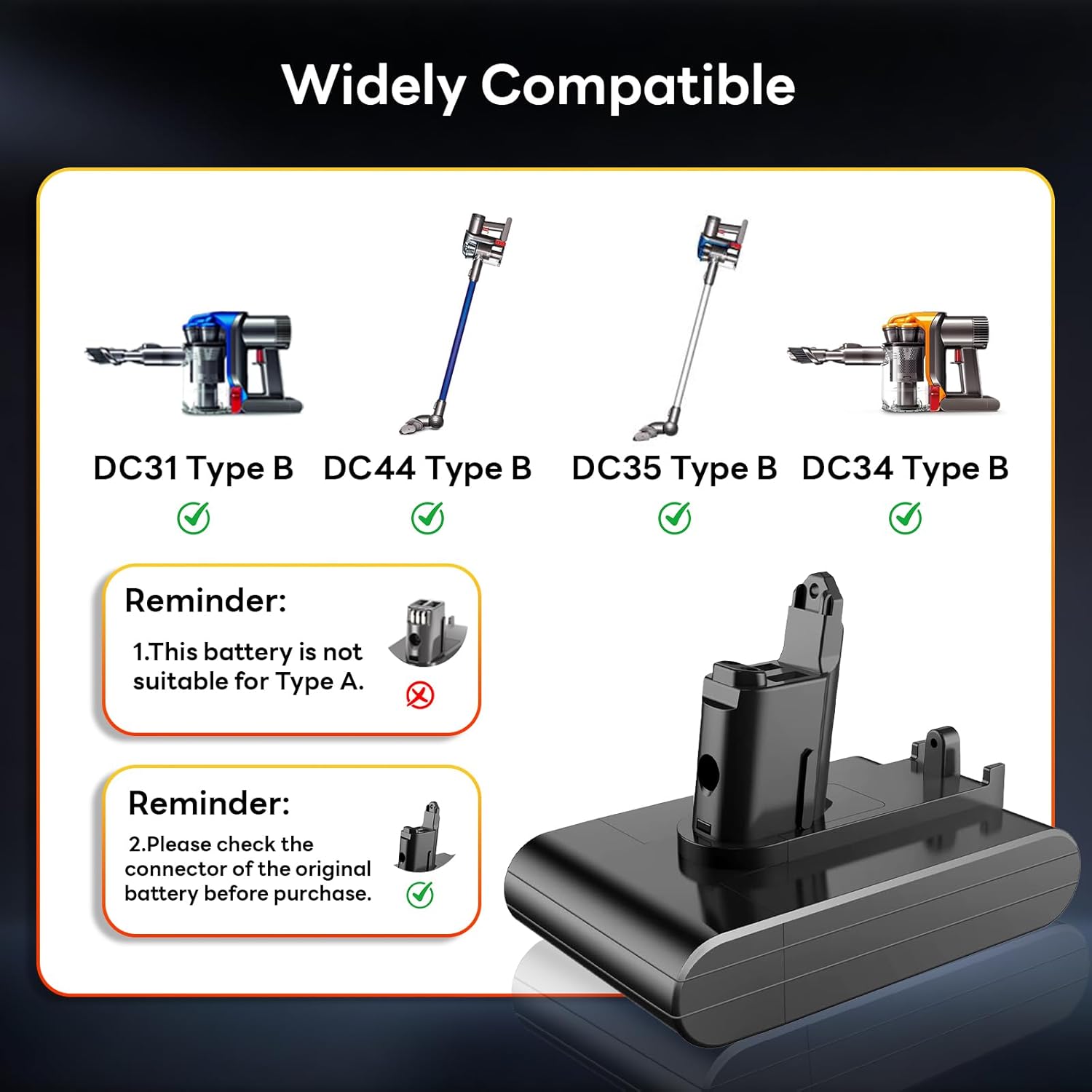 Upgraded 7200mAh DC44 Type-B Battery Replacement Compatible for Dyson DC30 DC31 DC34 DC35 DC44 DC45 DC56 DC57 917083 Type B Handheld Vacuum Cleaner with 2pc Filters (Not Fit All Type A Series)