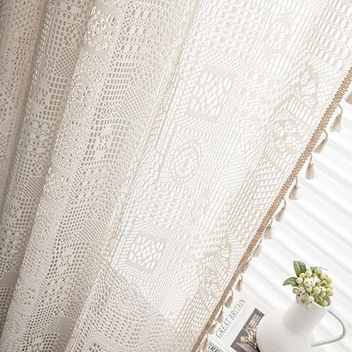 Miniatura 7 de vctops Panel de cortina de encaje de ganchillo de algodón con borlas y bolsillo para barra, cortinas huecas semitransparentes para dormitorio y sala