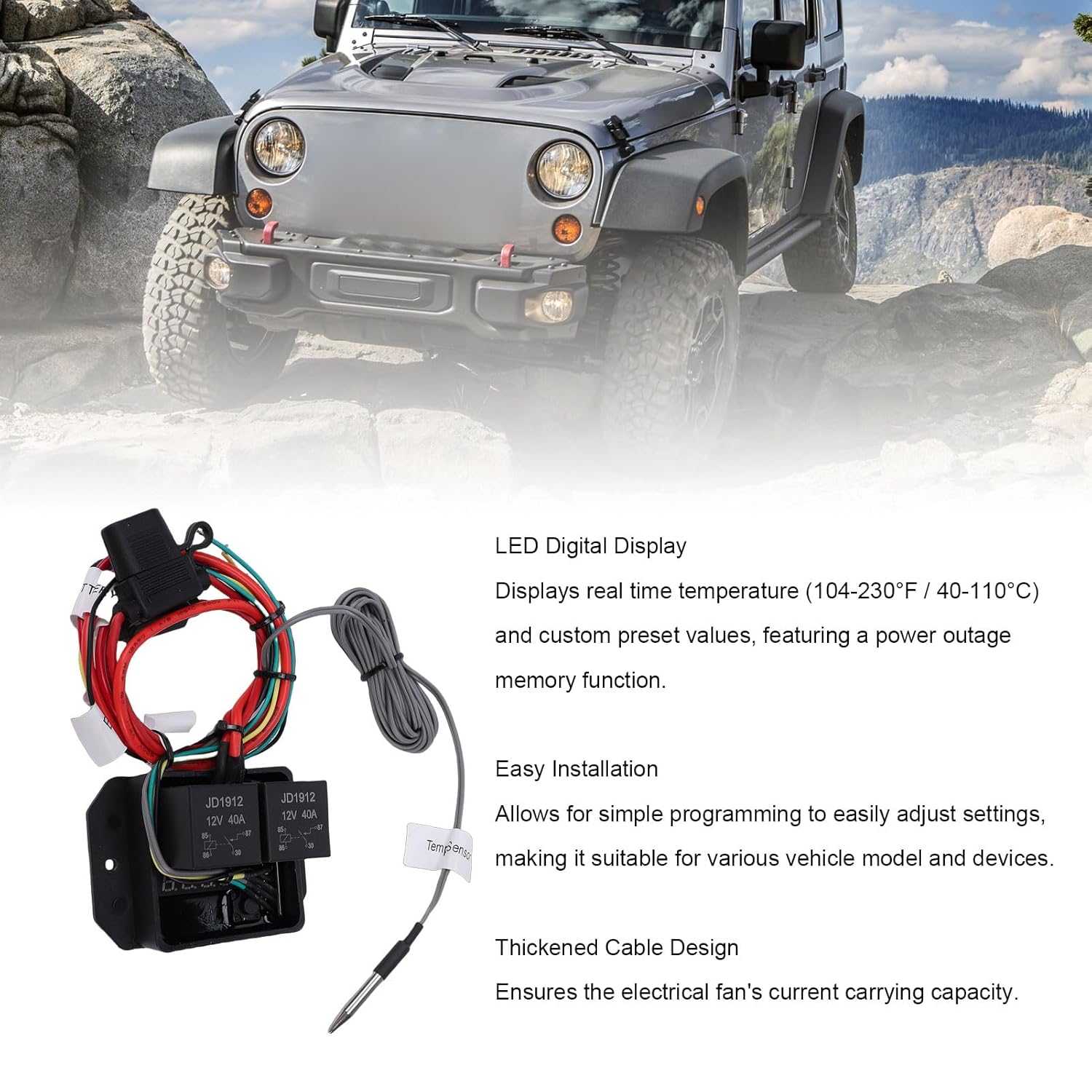 Digital Radiator Fan Controller Switch Kit, ABS Material LED Display 104-230F Temperature Range with Power Outage Memory, for Automotive and Industrial Cooling Systems 12