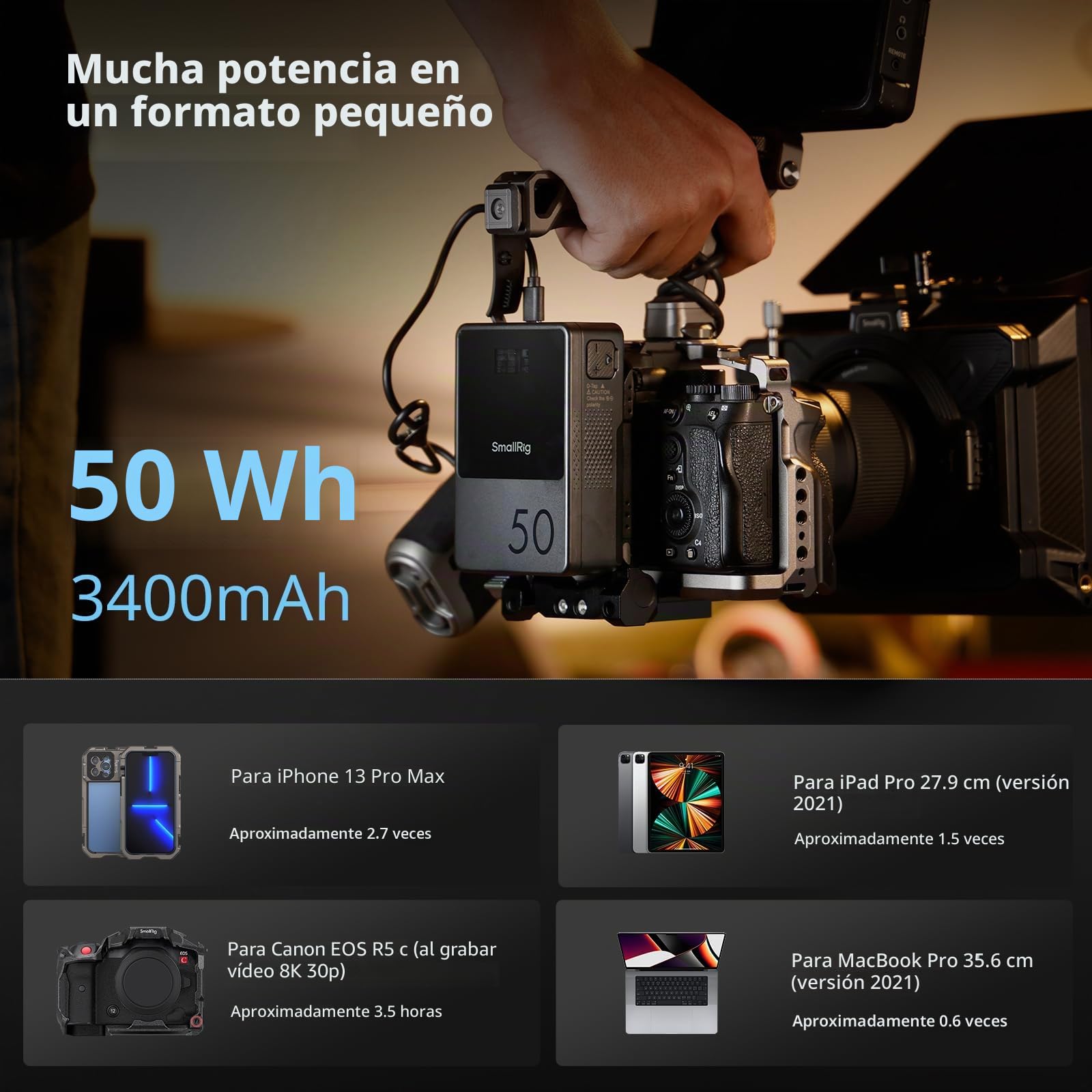 SMALLRIG V Mount Battery VB50, 3400mAh 50Wh 14.8V Mini V-Mount Batería Carga Rápida PD USB-C de 45W, con D-Tap, USB-A, Puerto DC Dual, Pantalla OLED, para Cámara, videocámara, Monitor etc. - 3579B