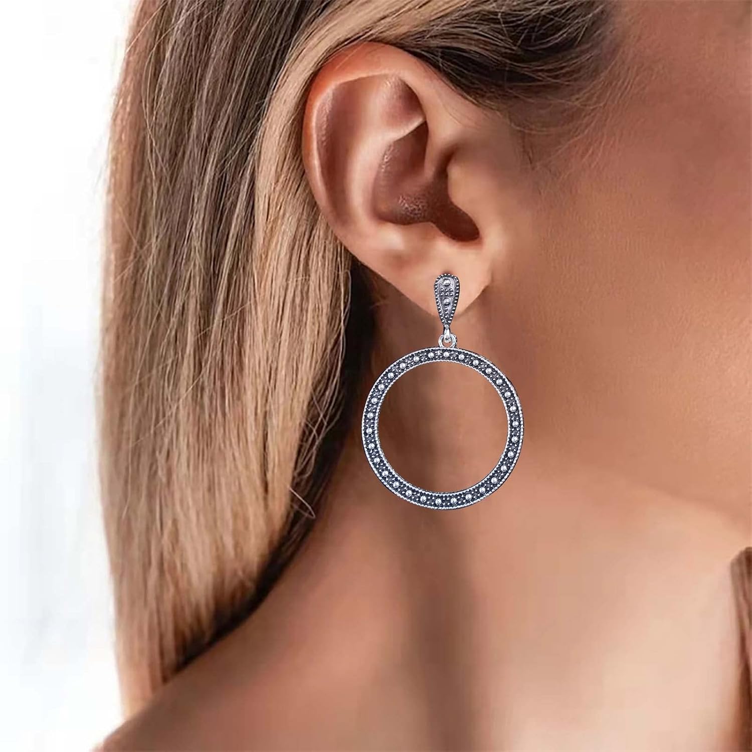 Vintage Circle Drop Earrings Hollow Circle Earrings Circle Hoop Dangle Earrings Silver Circle Stud Earrings Jewelry for Women - Image 2