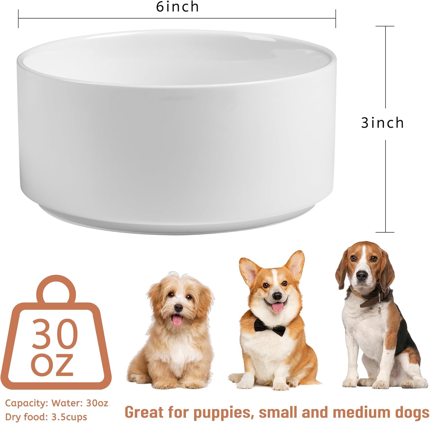 Non Slip Dog Bowls, Heavy Ceramic Dog Food and Water Bowl with Silicone Base, Pet Feeding Bowl for Puppies, Small and Medium Dogs (Glossy White, 6 Inches) - Image 2