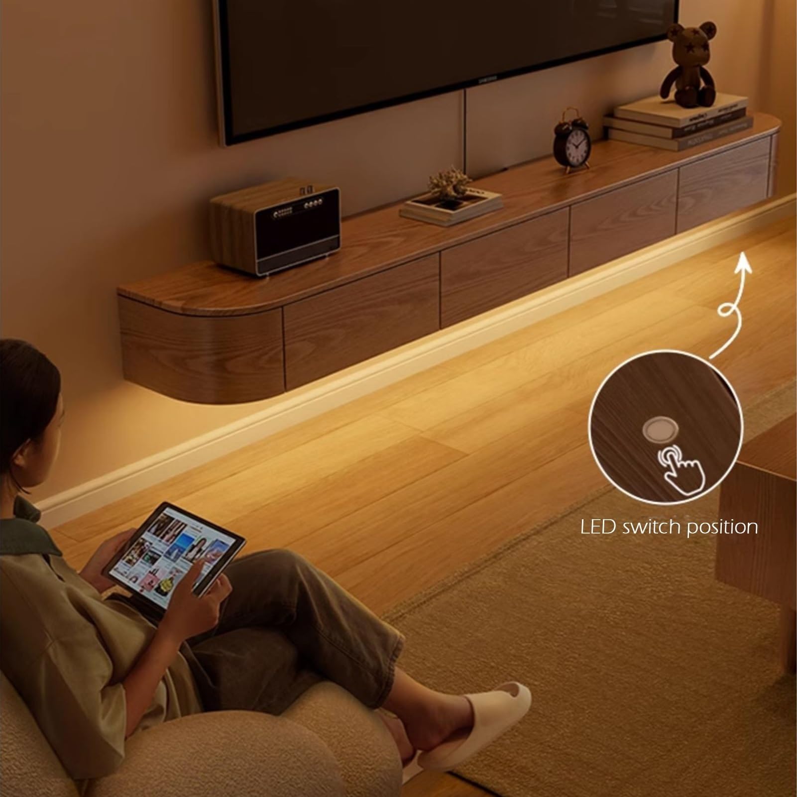 Generisch Wisząca podstawka pod telewizor LED, montowana na ścianie konsola medialna, lite drewno z 2 szufladami, duża przestrzeń do przechowywania do salonu, nowoczesny design (czarny, 200 cm)