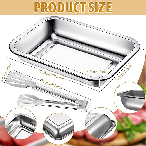 Miniatura 2 de Mumufy Juego de 3 bandejas de pan grandes de acero inoxidable con pinzas para dragar pechugas de pollo y marinar carne, bandejas de preparación de
