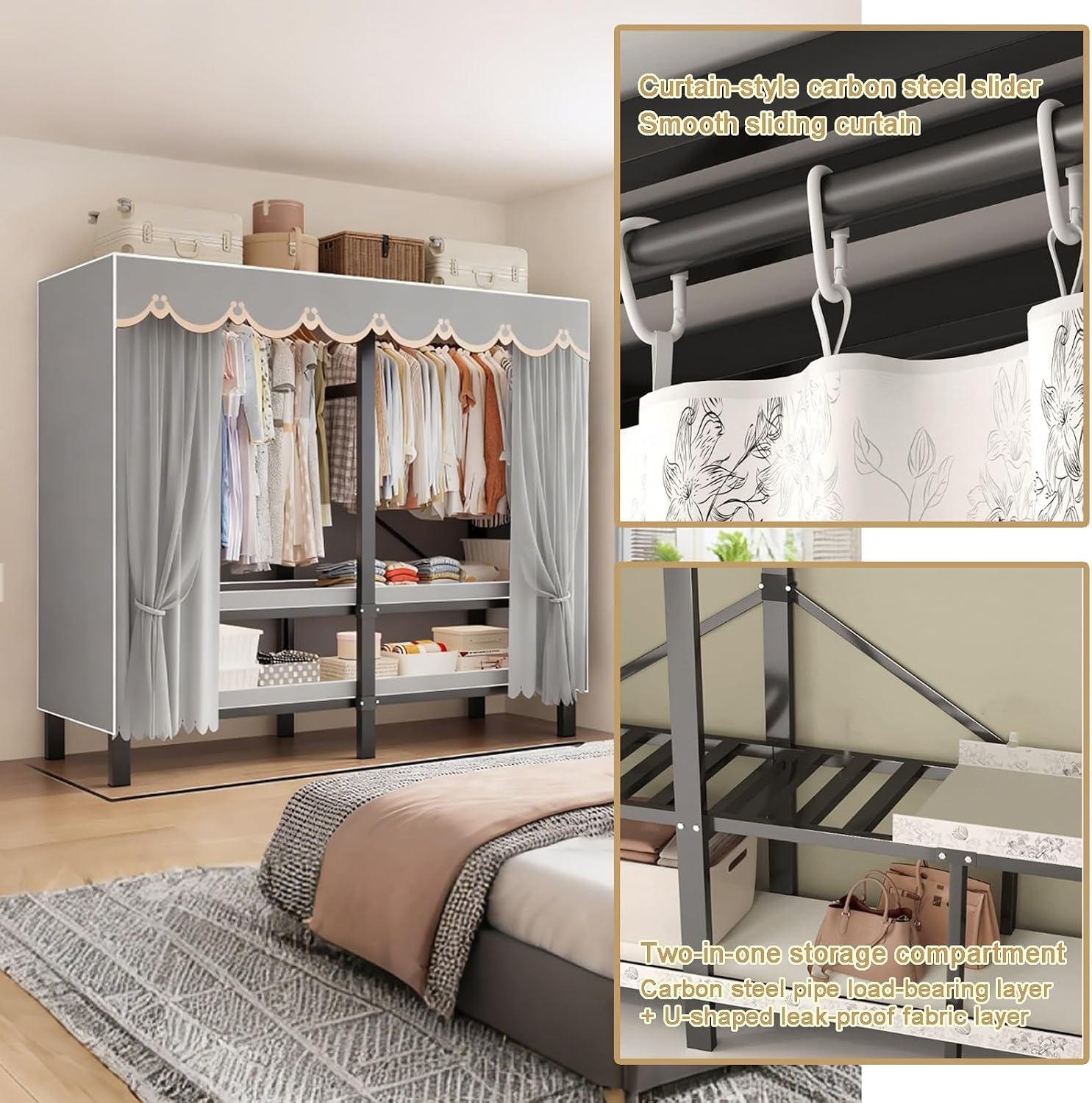Heavy Duty Foldable Portable Closet, Rolling Wardrobe Clothes Organizer, Freestanding Metal Clothing Rack, Covered Garment Rack with Wheel(White,L100cm/39.4IN)