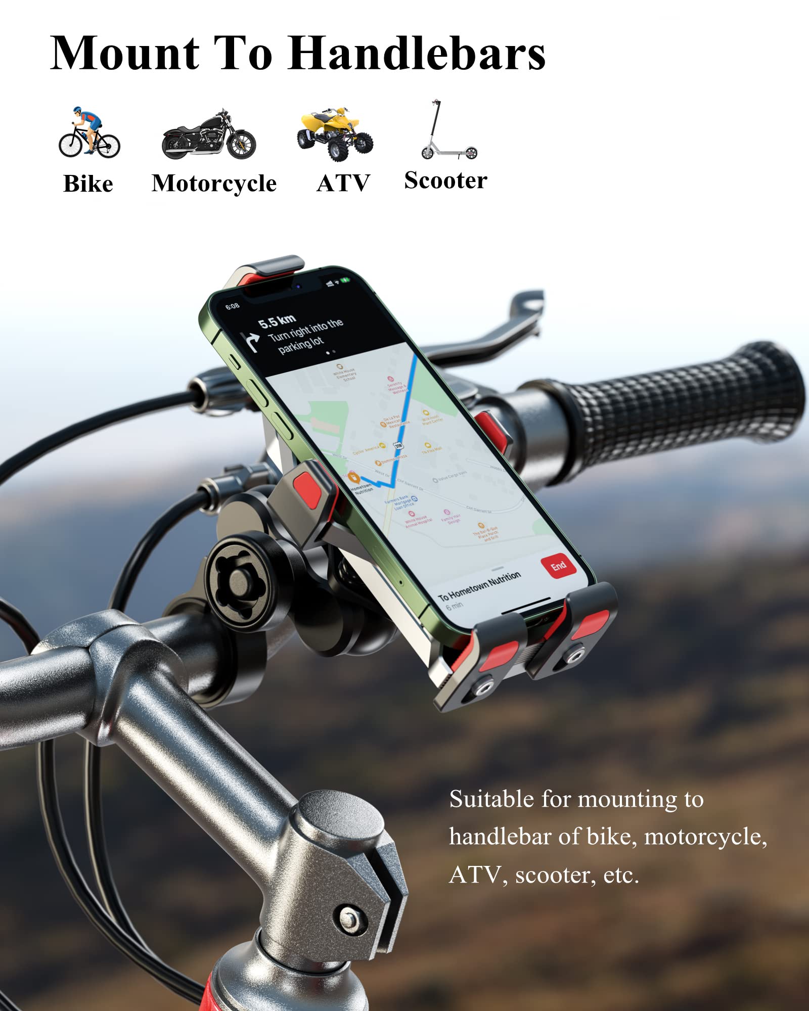BRCOVAN Lega Alluminio Supporto Telefono Motociclo con Smorzatore Vibrazioni, Metallo Porta Cellulare Moto, ATV Bici Bicicletta Scooter Manubrio Porta Telefono per 4.7''-7.2'' Smartphone