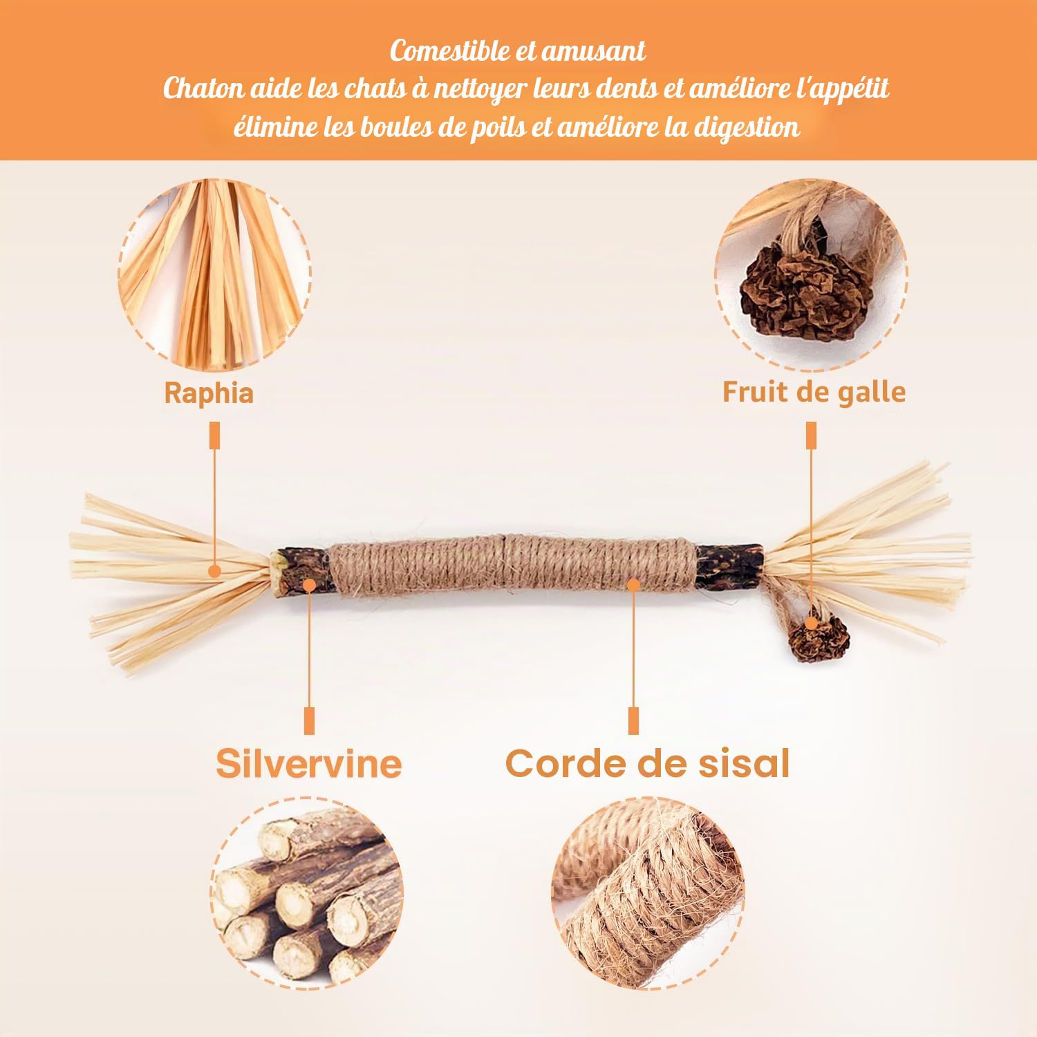 Lot de 6 bâtonnets d'herbe à chat - En bois à mâcher - Pour les soins dentaires et la mauvaise haleine - Naturellement sûrs - Jouet à mâcher pour chat