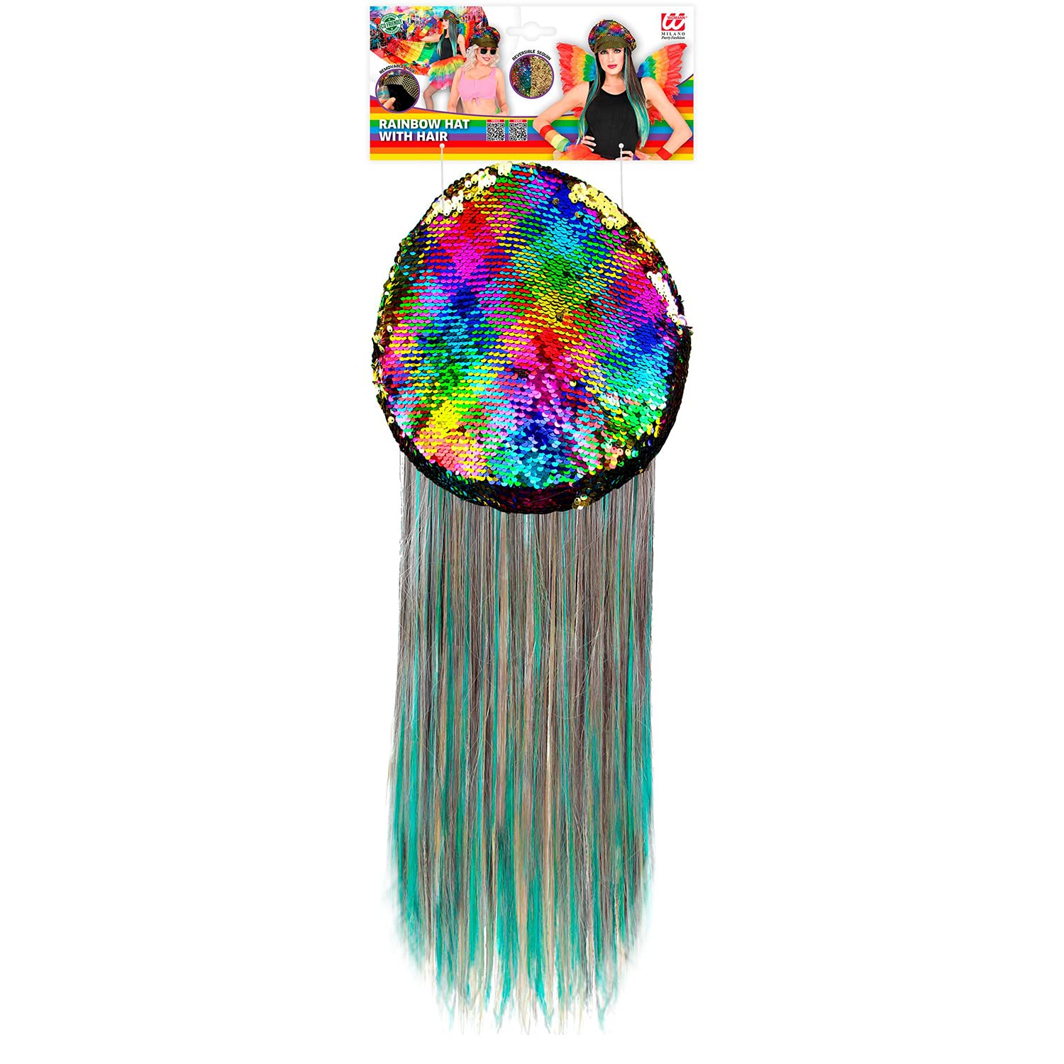 Widmann 03008, Rainbow Hat with Hair and Sequins, for Adults Shiny Headwear, Hat with Long Synthetic Hair, Accessories - Image 2