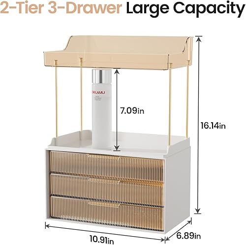 Vista 31 de Delamu Organizador y almacenamiento de baño, 2 niveles y 2 cajones, organizador de maquillaje, fácil de instalar, ideal para encimera de baño