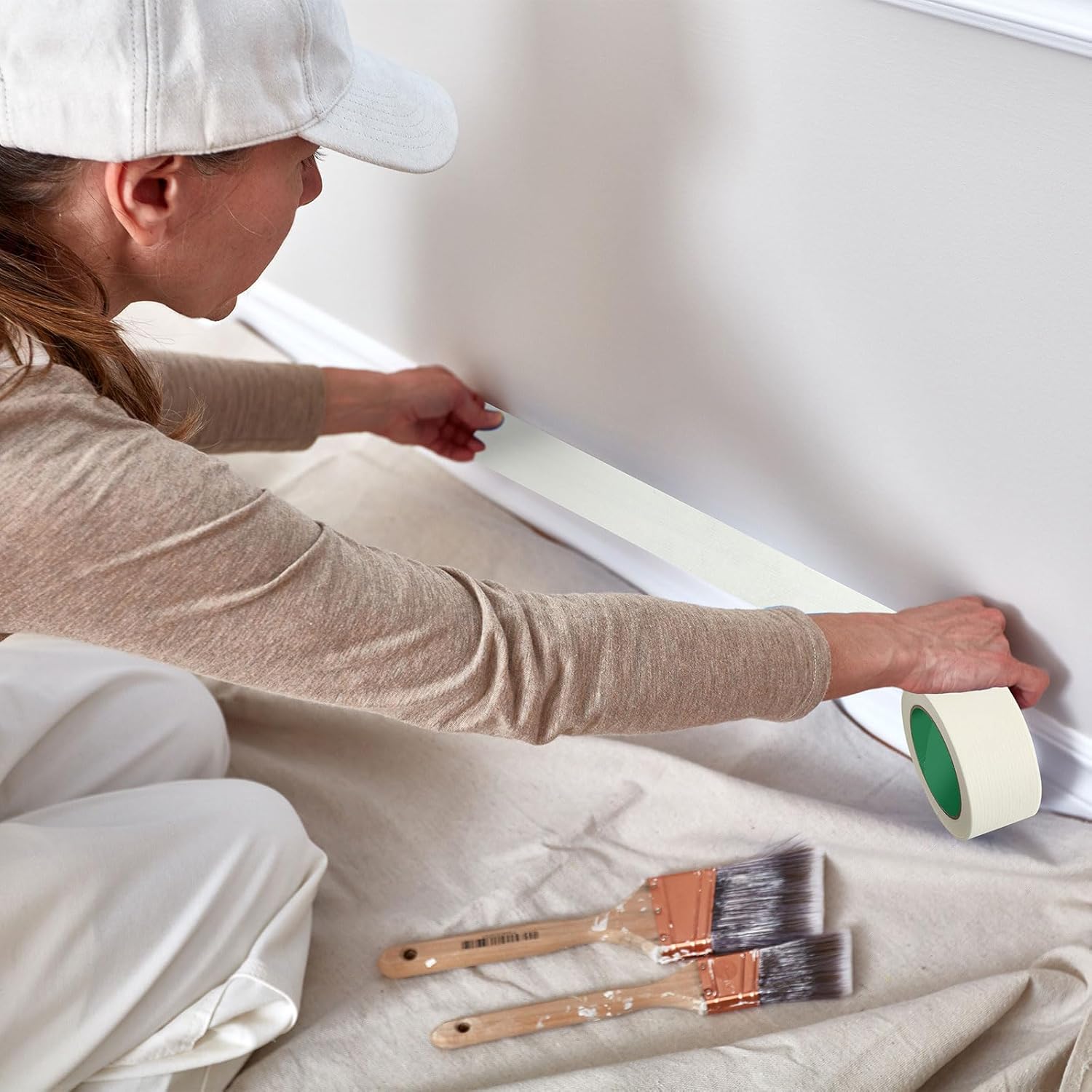 Frienda 24 Rolls Wide Masking Tape 2 Inches x 50 Yards Painters Tape General Purpose Painting Tapes Bulk Easy to Remove for Home School Office Painting Labeling DIY Art and Crafts (Beige White)