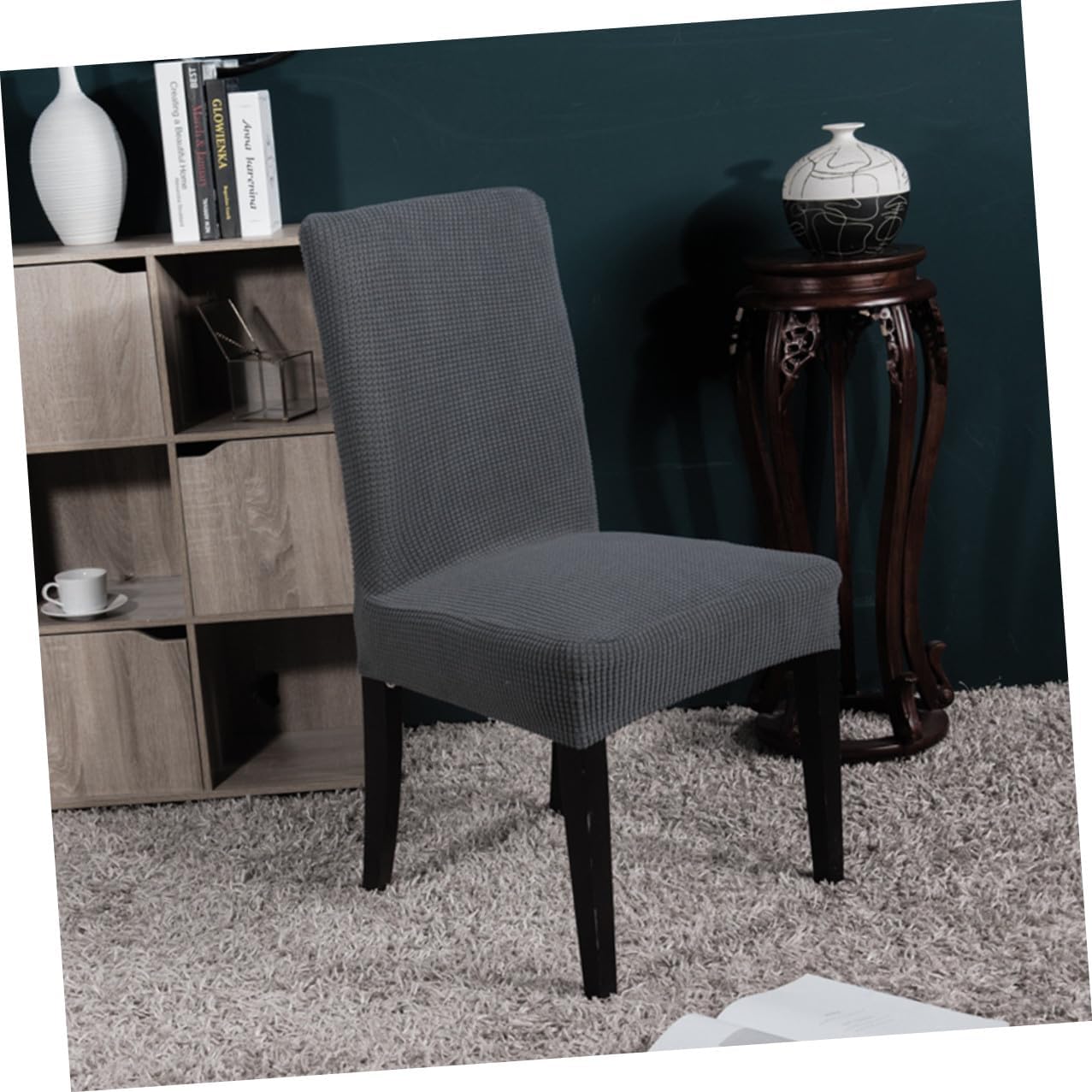 6pcs Elastic Stretchy Dining Chair Covers Polyester Chair Protector Universal Fit Removable Seat Slipcovers for Home Office Kitchen in Dark Grey