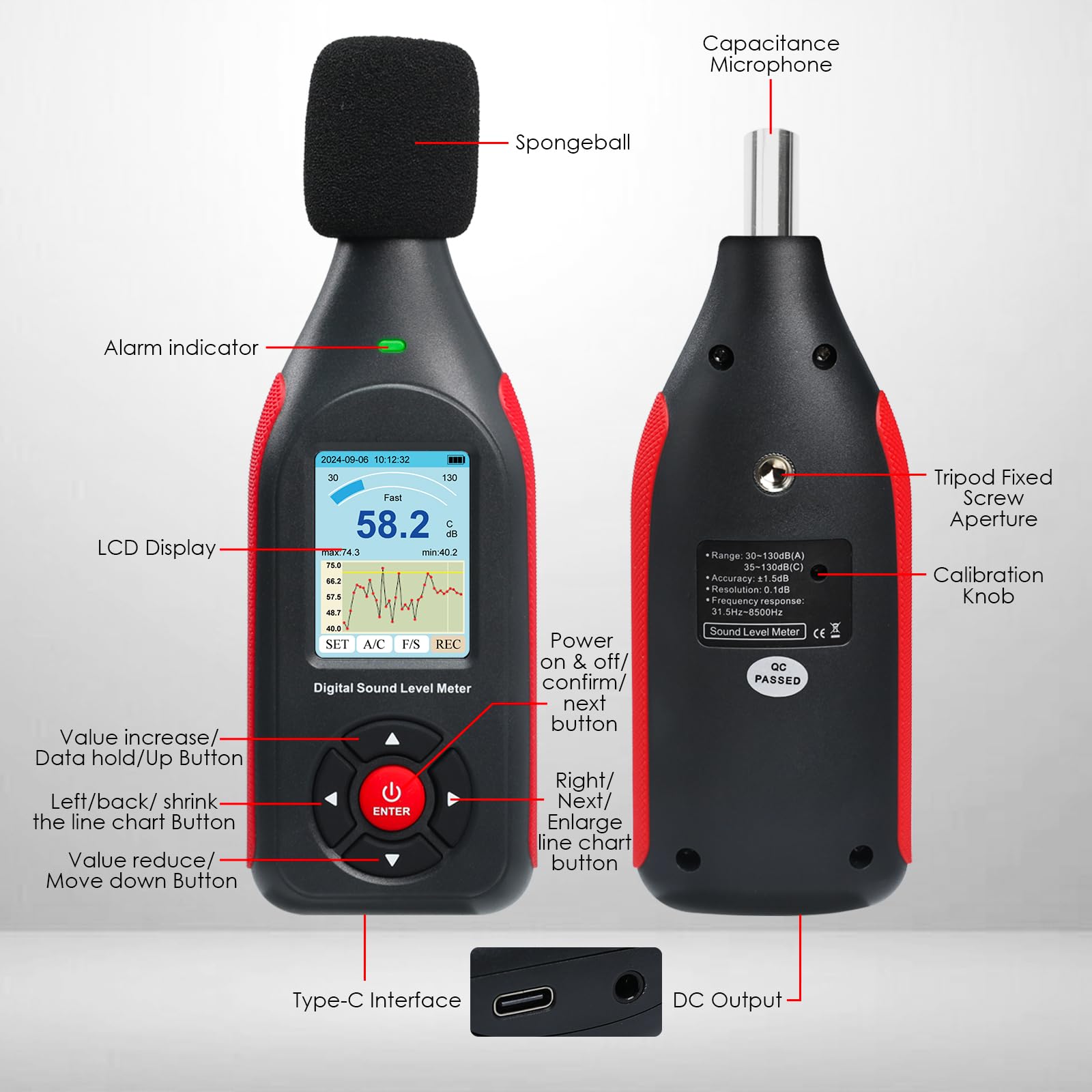 Dezibel Messgerät Datenlogger, Schallpegelmessgerät mit 43.000 Datensätzen, visuellem Alarm, A/C-Frequenz und DC-Ausgang Digital Schallpegelmesser für Haus, Fabrik, Klassenzimmer etc