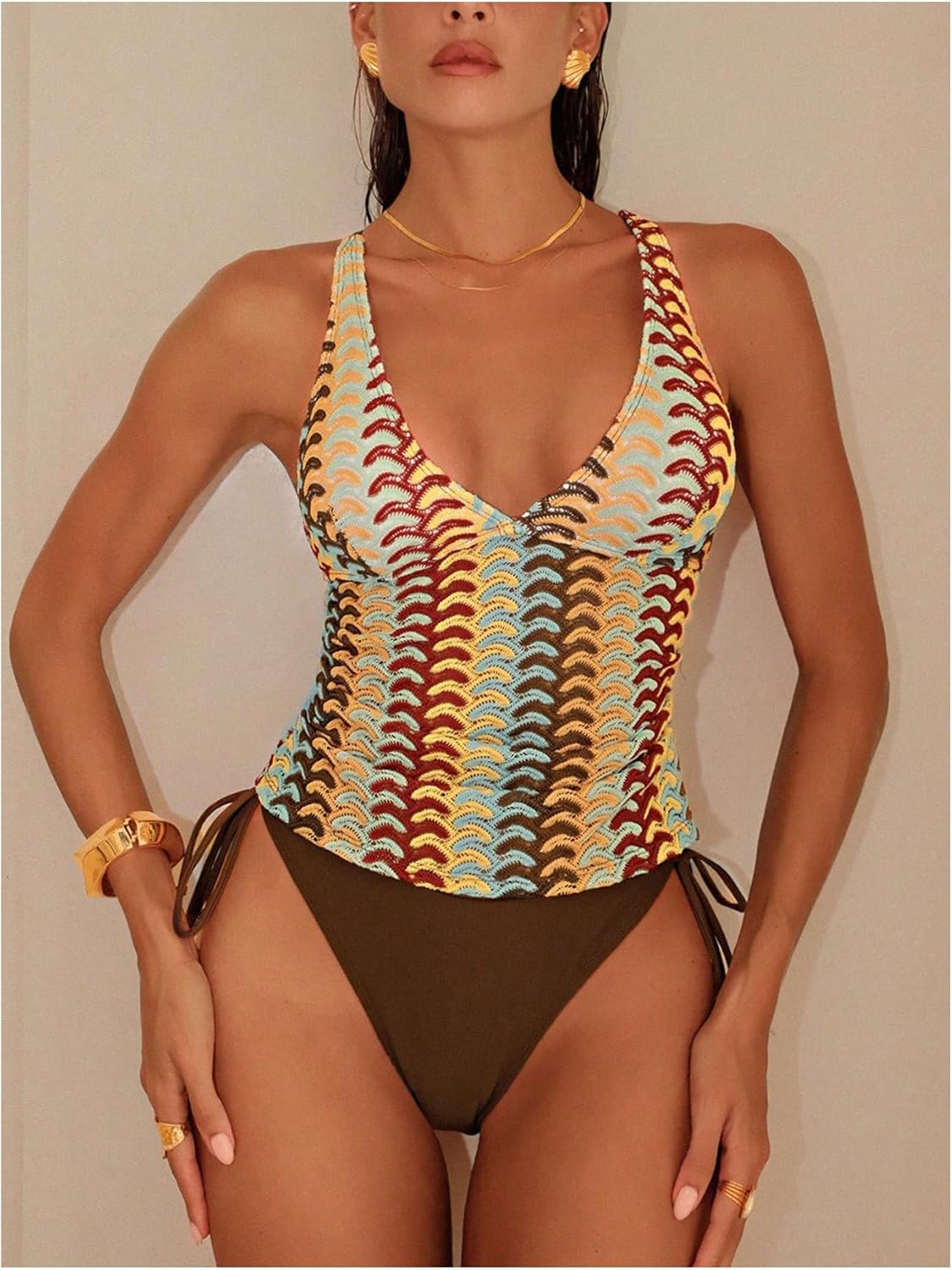 Floerns Women's Tankini Sets Criss Cross Jacquard Halter Swimsuit Tie Side Bathing Suit