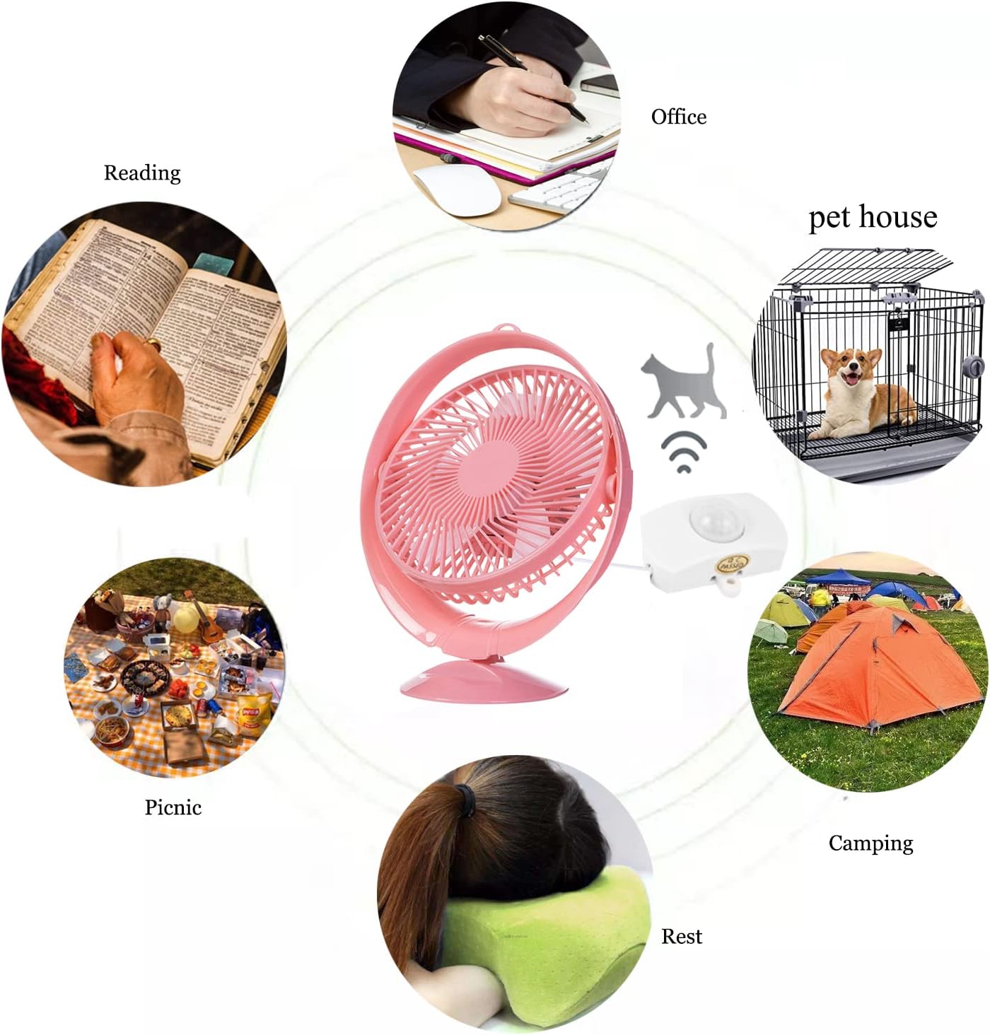 Kiven Small Personal USB Desk Fan with Motion Sensor,Portable Desktop Table Cooling Fan Powered by USB,Adjustable Tilt,Quiet Operation,for Pet House Home Office Car Outdoor Travel(Pink)