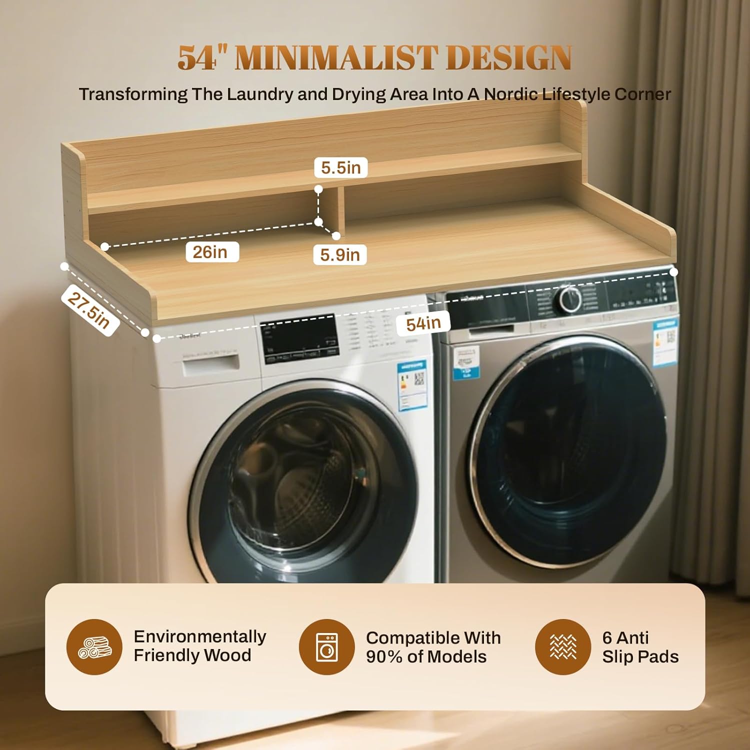 GCCSJ 2-Tier Washer Dryer Countertop, 54" Width x 27.5" Depth Wood Shelf Topper with Edge & Non-Slip Pads for Laundry Room Organization Storage & Clothes Folding, Oak