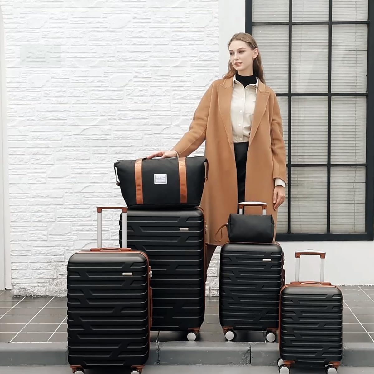 LARVENDER Kofferset 6 Teilig Hartschale Leicht ABS Erweiterbar Reisekoffer Haltbar Handgepäck Sets 4 Rollen TSA-Schloss mit 1 Reisetasche und 1 Kulturtasche, Schwarz/Braun