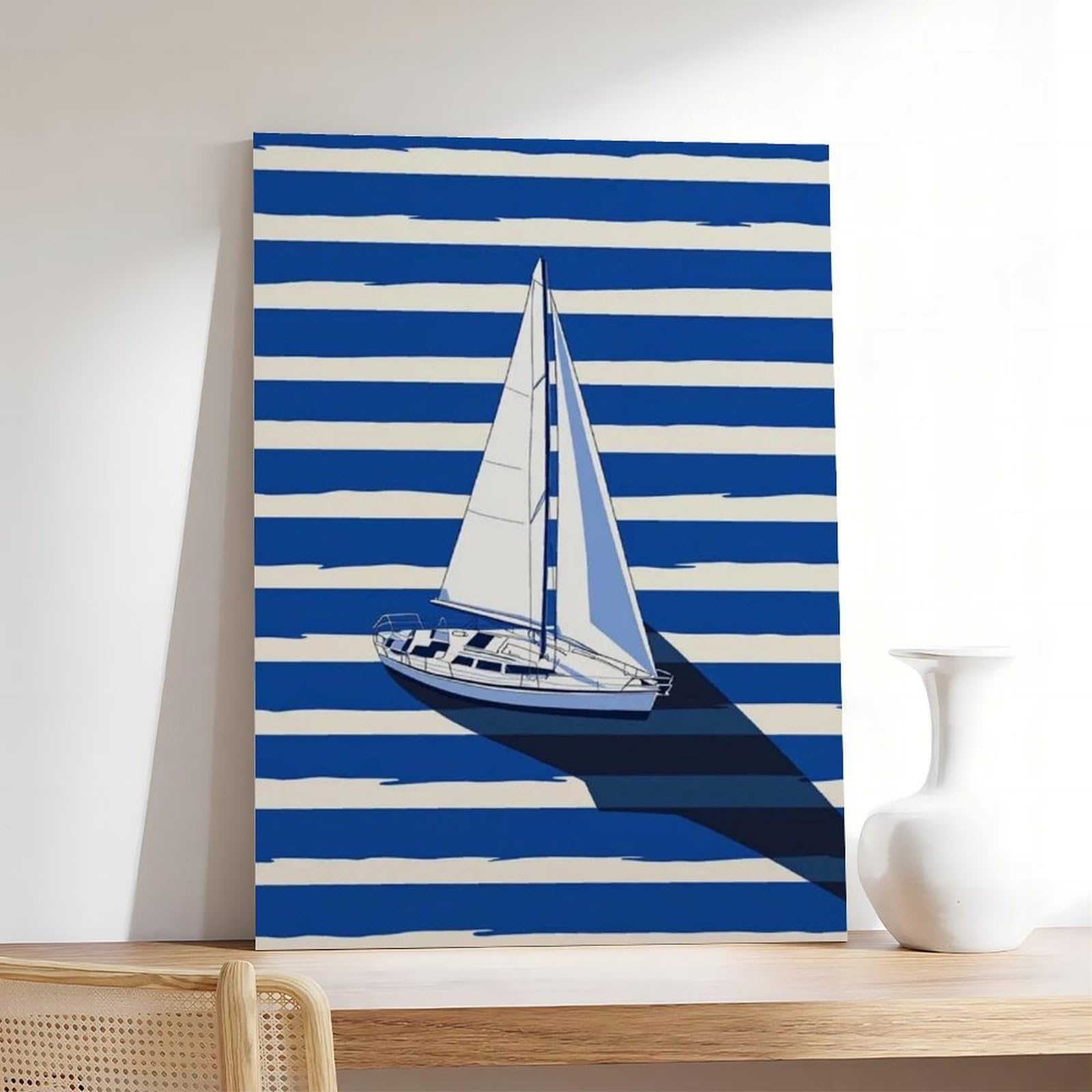 Minimalistisches nautisches Segelboot, Segelboot, blauer Ozean, Dekoration, Leinwandposter, Wandkunst, Druck, Bild, Gemälde für Wohnzimmer, Schlafzimmer, Dekoration, 50,8 x 76,2 cm (L x B)