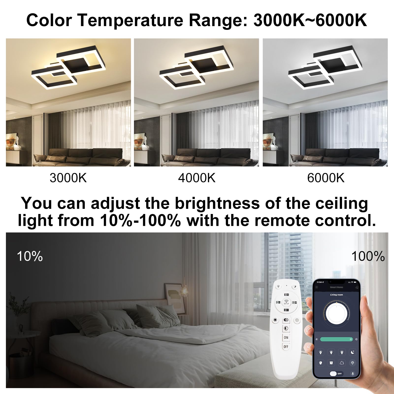 MYCUL Plafon Led Techo Regulable con Mando a Distancia,Negro | Lámpara de Techo con Temperatura de Color Ajustable,32W iluminación de Techo de Diseño Moderno para Salón,Dormitorio,Cocina