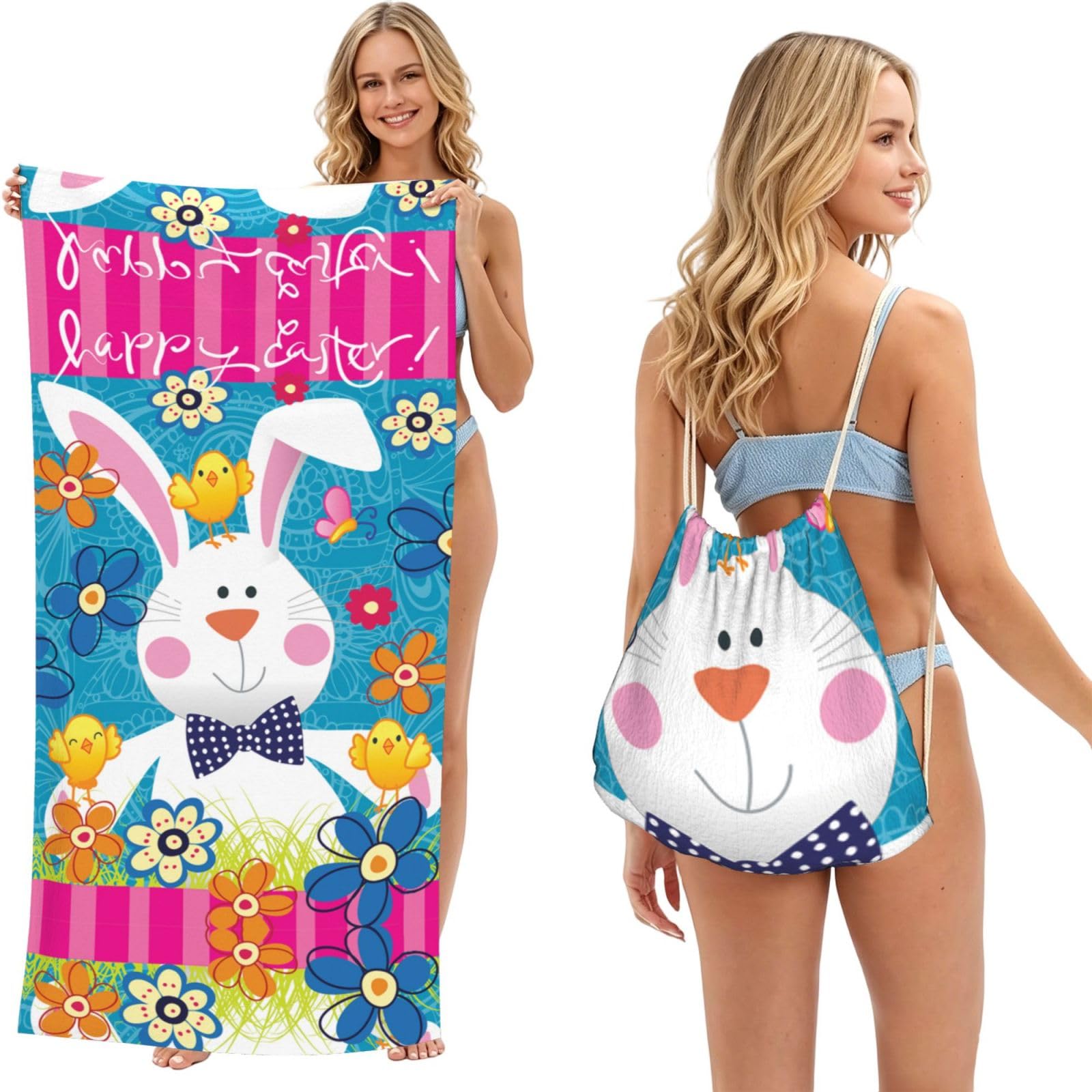 WSHFFILO Spring Happy Easter Holiday printed 2 in 1 Packable Towel Bag Bath Towel Beach Towel