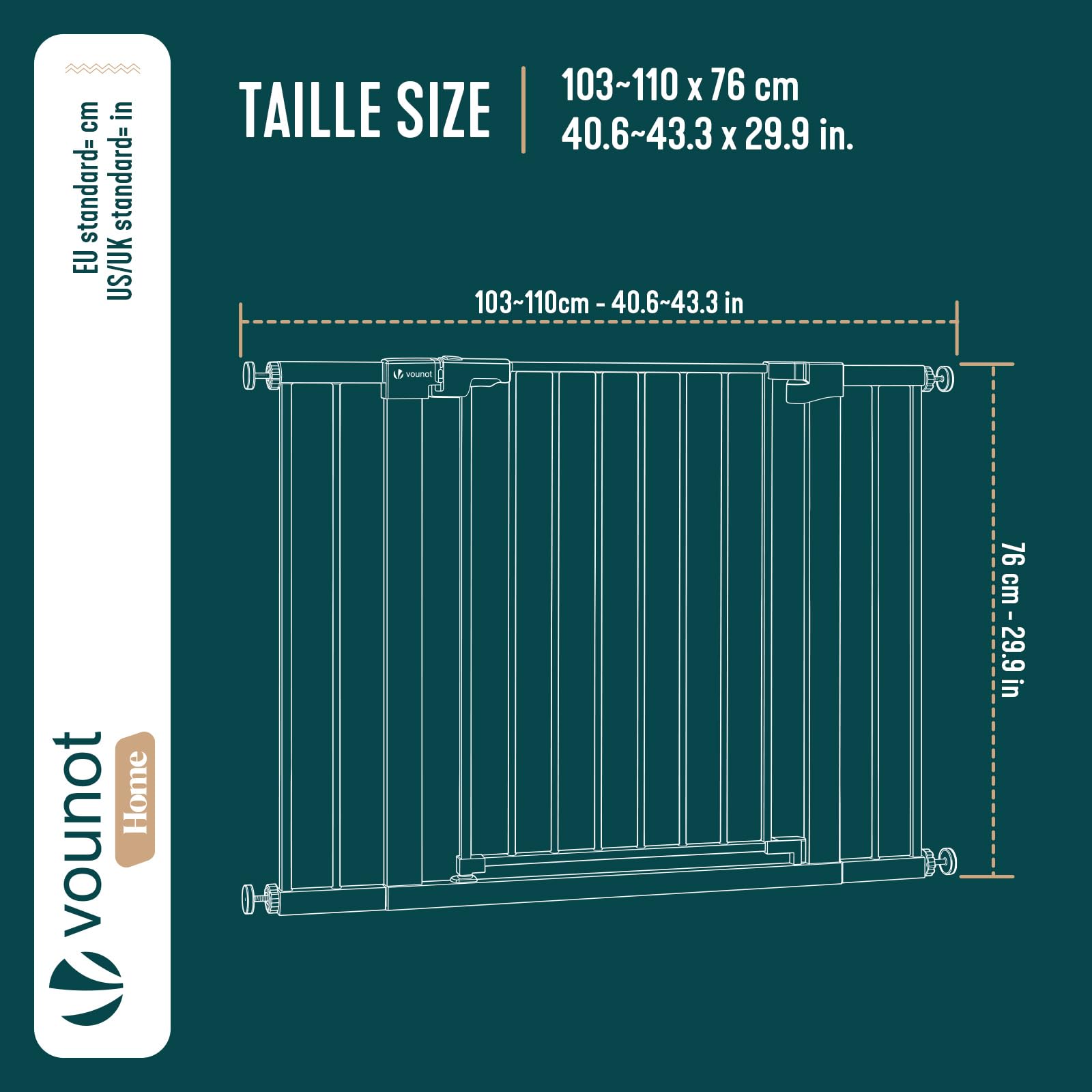 VOUNOT® Cancelletto di Sicurezza per Bambini in Metallo 103-110 cm, Barriera per Scale a Pressione Senza Foratura Altezza 76 cm, Chiusura Automatica con Doppio Blocco, Apertura Bidirezionale, Bianco