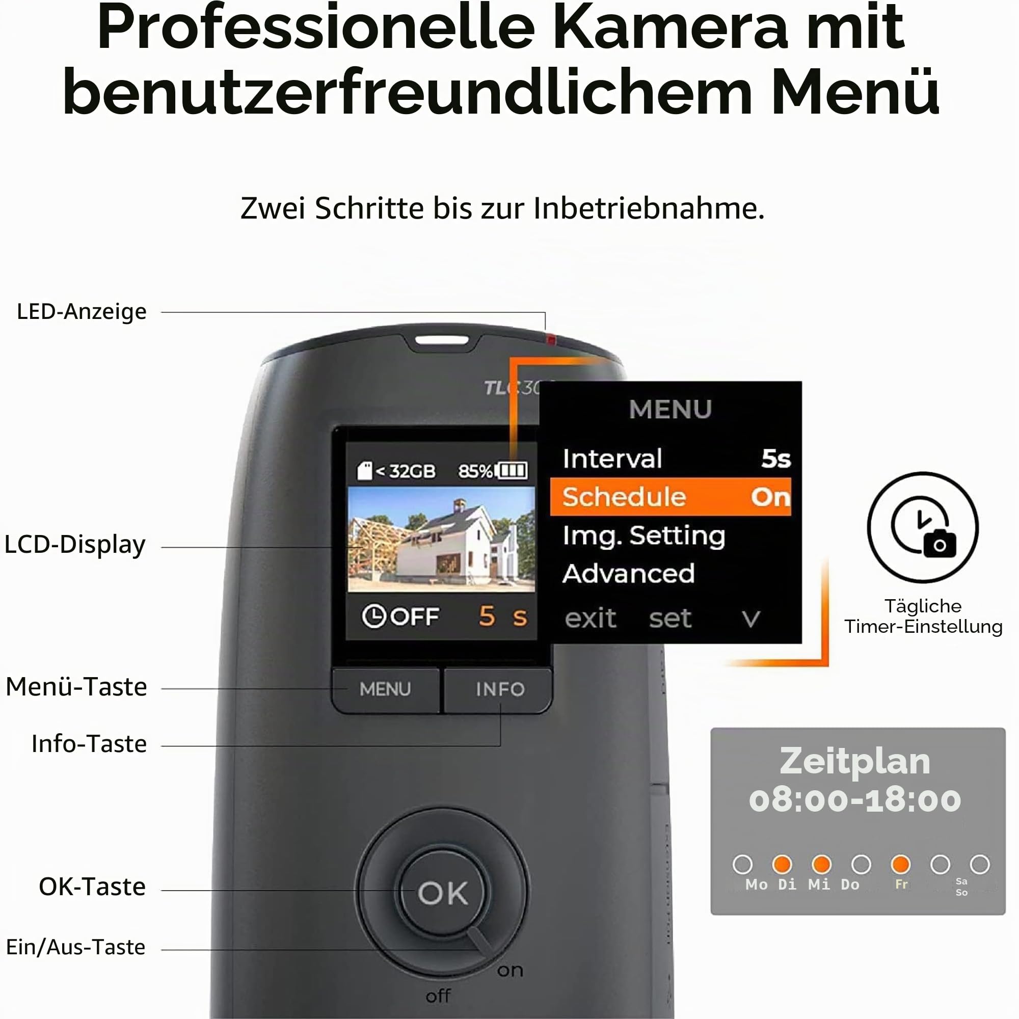 Brinno BCC300-C Video-Zeitraffer-Kit – TLC300 Time Lapse Kamer 1080P FHD HDR, IPS-LCD-Bildschirm, IPX4 Schutzgehäuse, Montageklemme – Einfache Bedienung, ideal für Bauprojekte Innen- und Außen