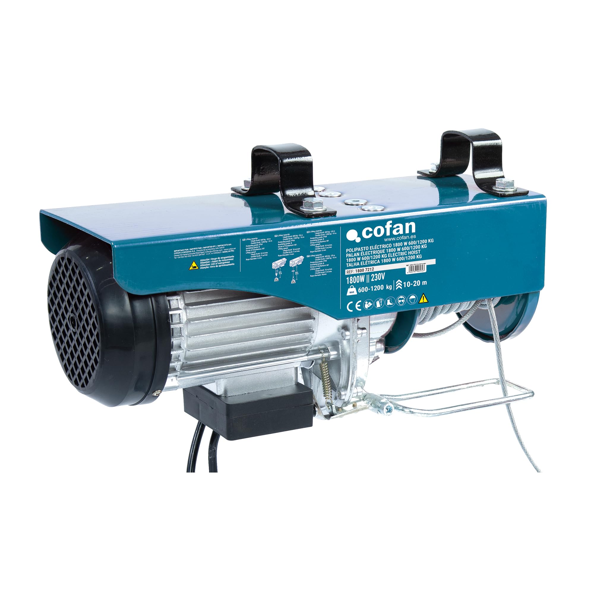 Cofan Polipasto eléctrico 1800 W | Capacidad de carga: 600/1200 kg | Altura de elevación: 10/20 m | Parada de emergencia | Incluye mando | Protección IP54