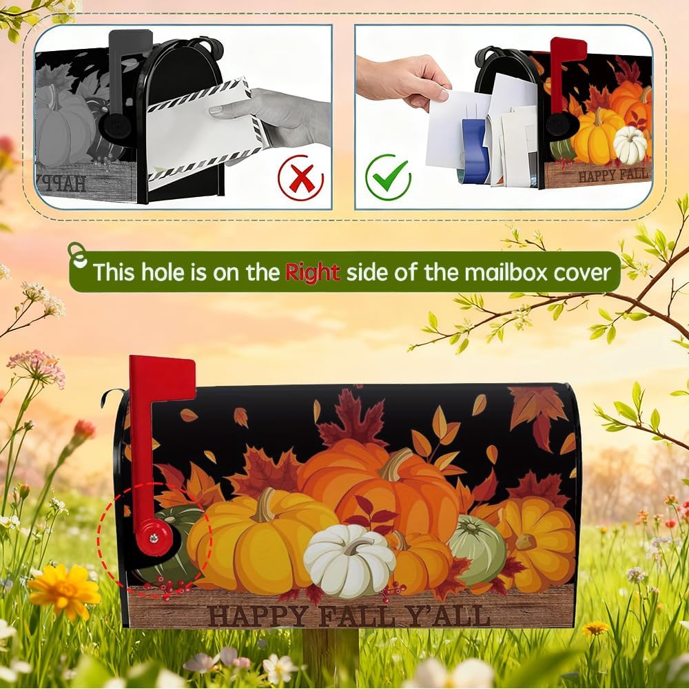 Pumpkin Magnetic Mailbox Cover with Happy Fall Y'all Lettering, Maple Leaves, Waterproof Oxford Cloth Mailbox Wrap, Outdoor Garden Yard Home Decor for Standard Size 18" x 21"